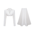 Conjunto de blusa y falda blanca Caterina Bridal con fruncido, ideal para ocasiones elegantes, en imagen de vista frontal.