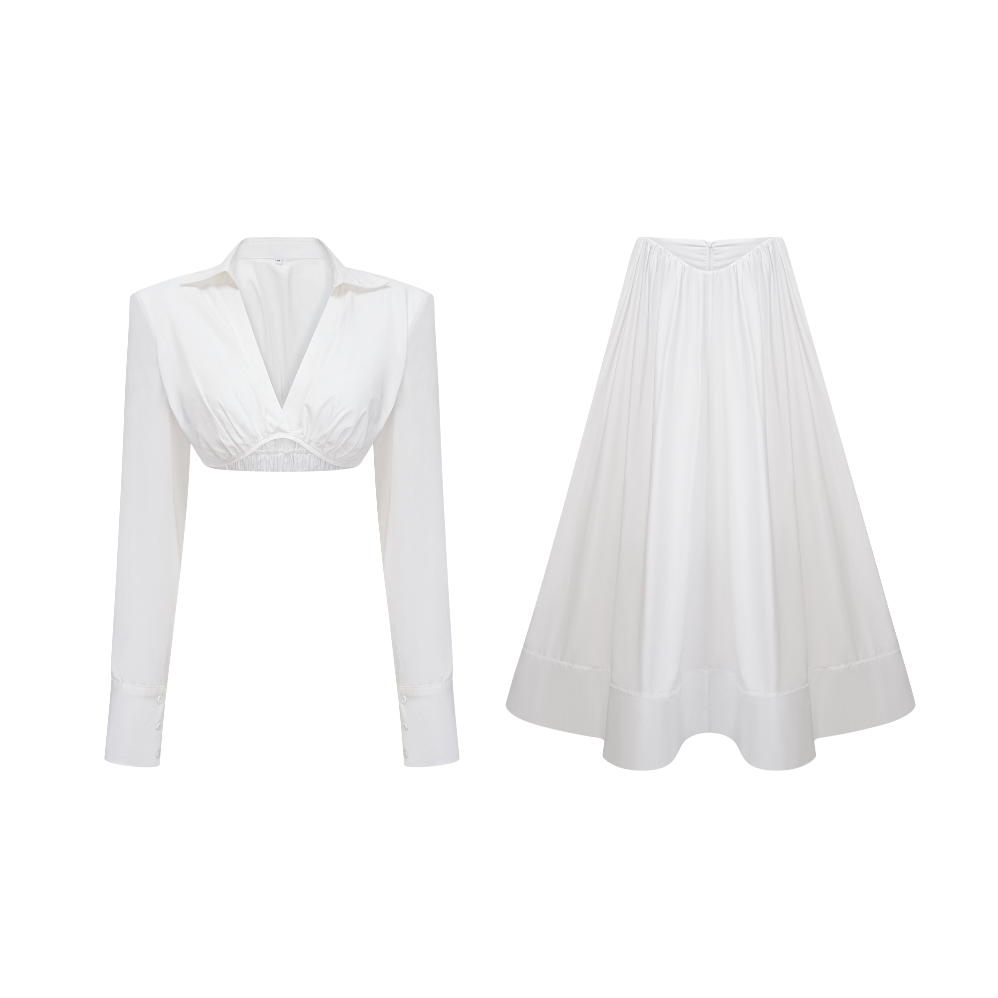 Conjunto de blusa y falda blanca Caterina Bridal con fruncido, ideal para ocasiones elegantes, en imagen de vista frontal.
