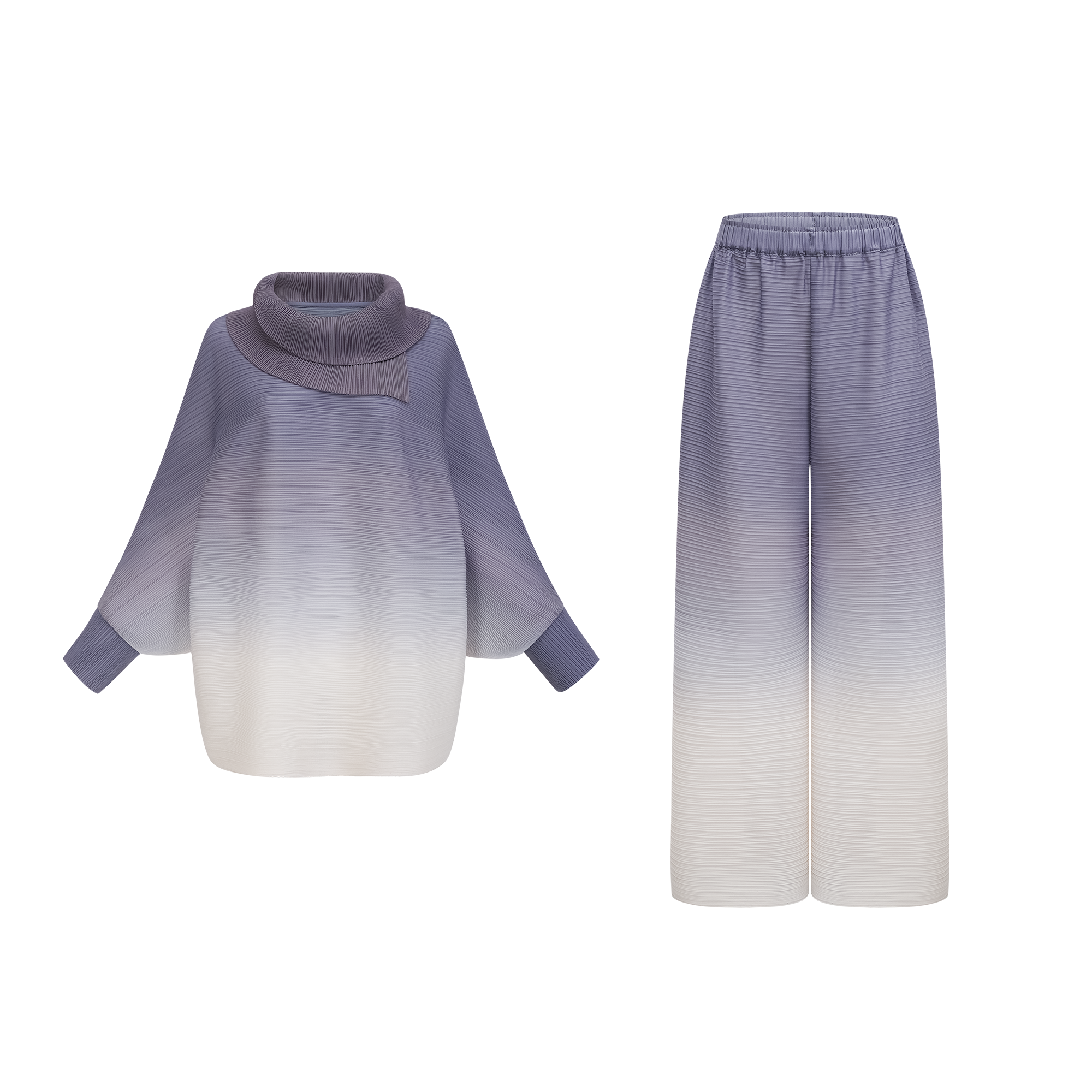 Conjunto de blusa morada con degradado y pantalones arrugados de la marca Final Sale, vista de conjunto en la imagen.