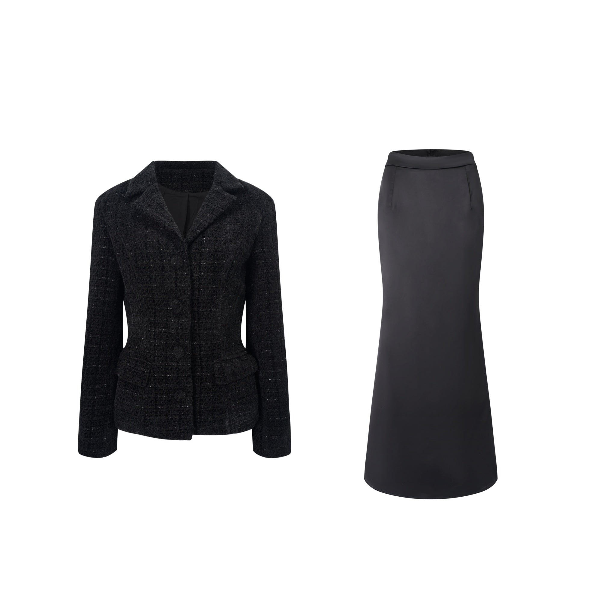 Conjunto de chaqueta de tweed negra Ariadna y falda de satén, vestido elegante de la marca Final Sale, vista de frente.