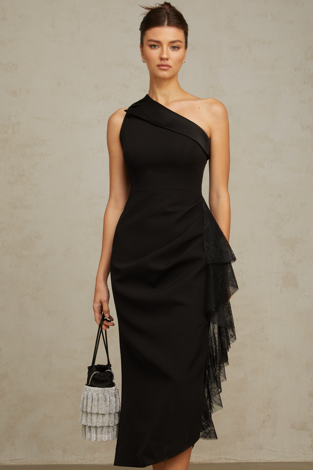 Bernadette black lace-panell asymmetrical midi dress (Final Sale-US Only)