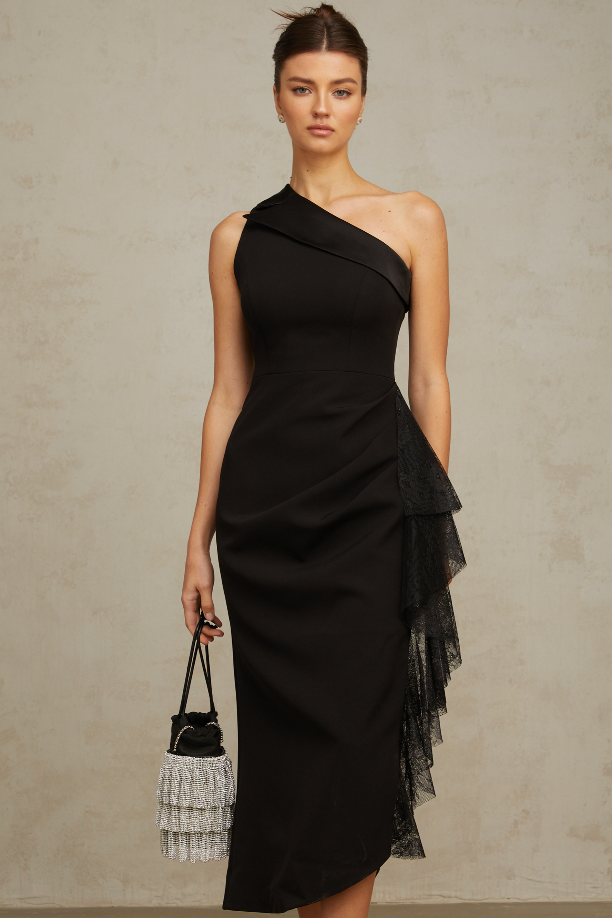 Bernadette black lace-panell asymmetrical midi dress (Final Sale-US Only)