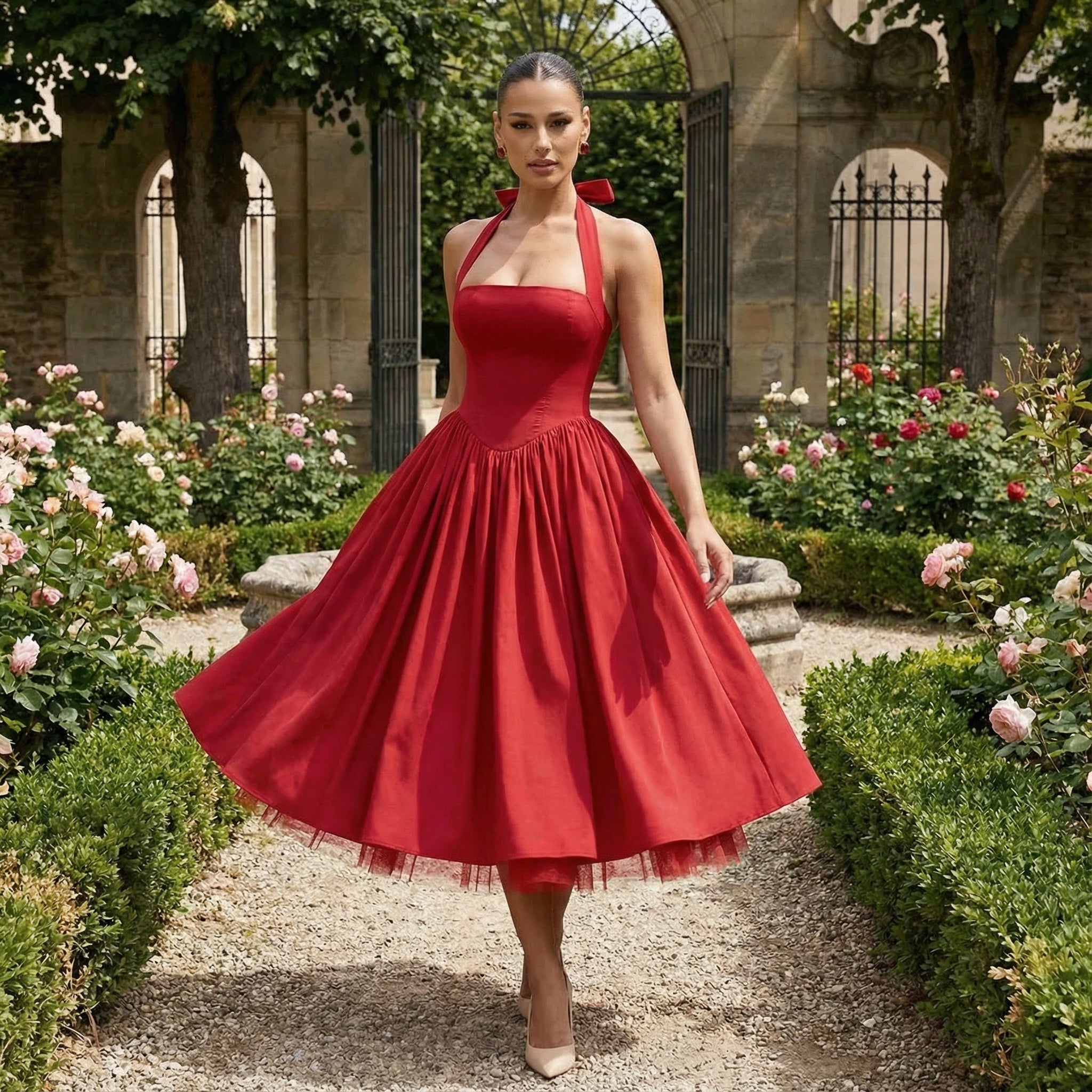 Vestido midi de encaje Éloise de SLIPPO®, vestido con corsé ajustado y diseño elegante en color neutro.