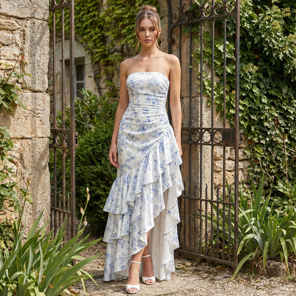 Vestido largo sin mangas con abertura y volante, diseñado para invitadas de boda, marca SLIPPO®.
