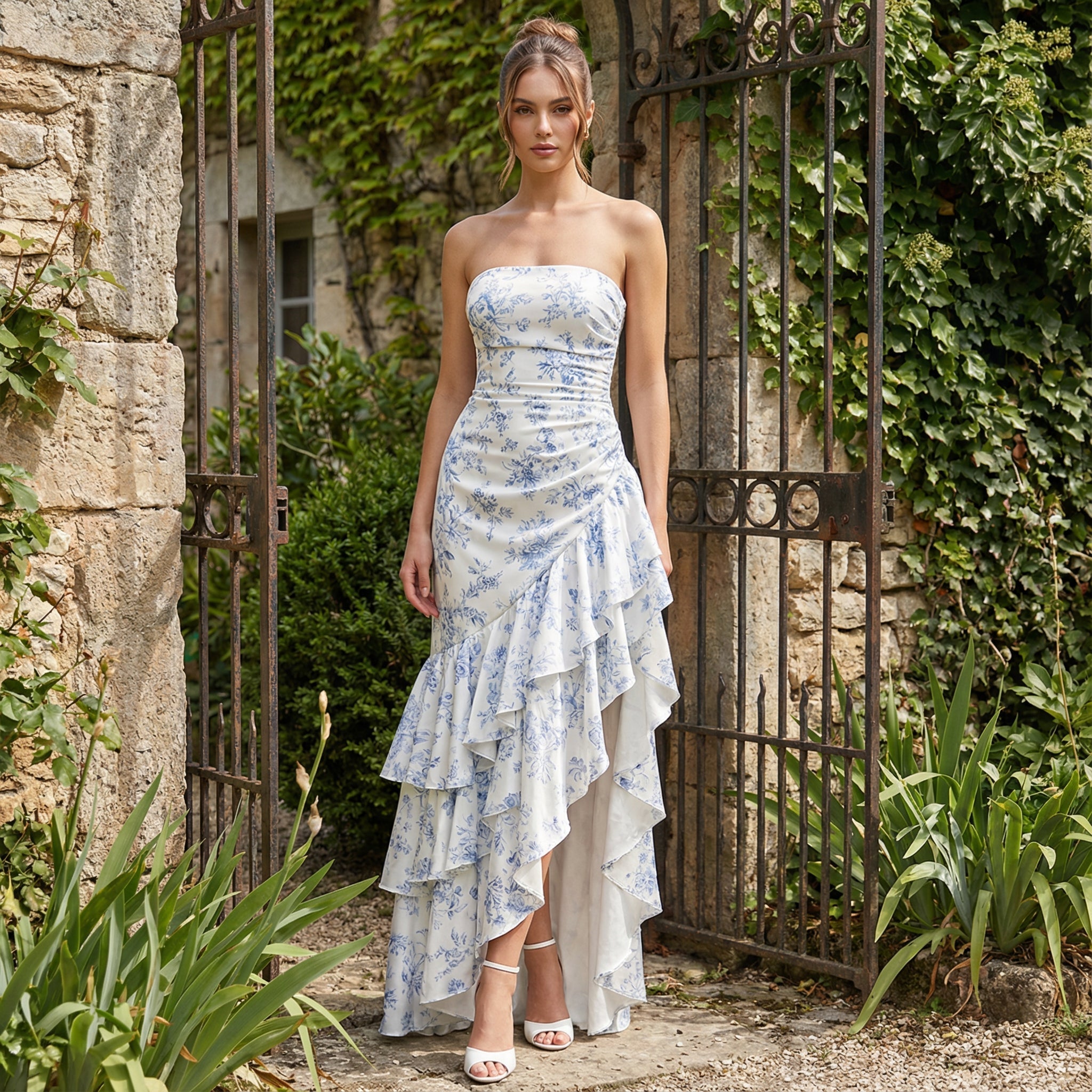 Vestido largo sin mangas con abertura y volante, diseñado para invitadas de boda, marca SLIPPO®.