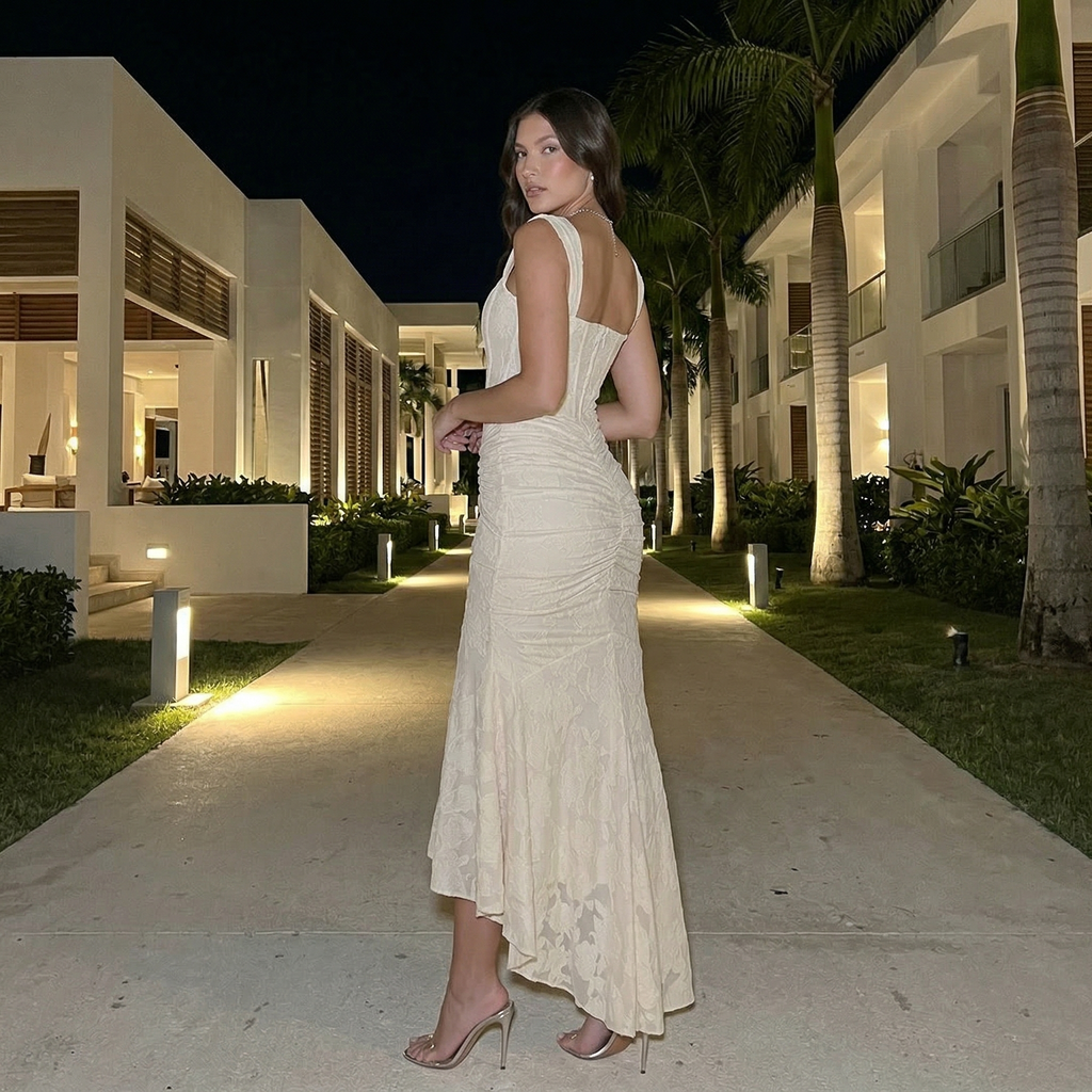 Vestido de invitada de boda SLIPPO® Ziva con cintura esculpida, vestido elegante y ajustado en color neutro.