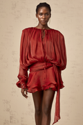 Eugénie Vestido mini rojo con volantes y pliegues