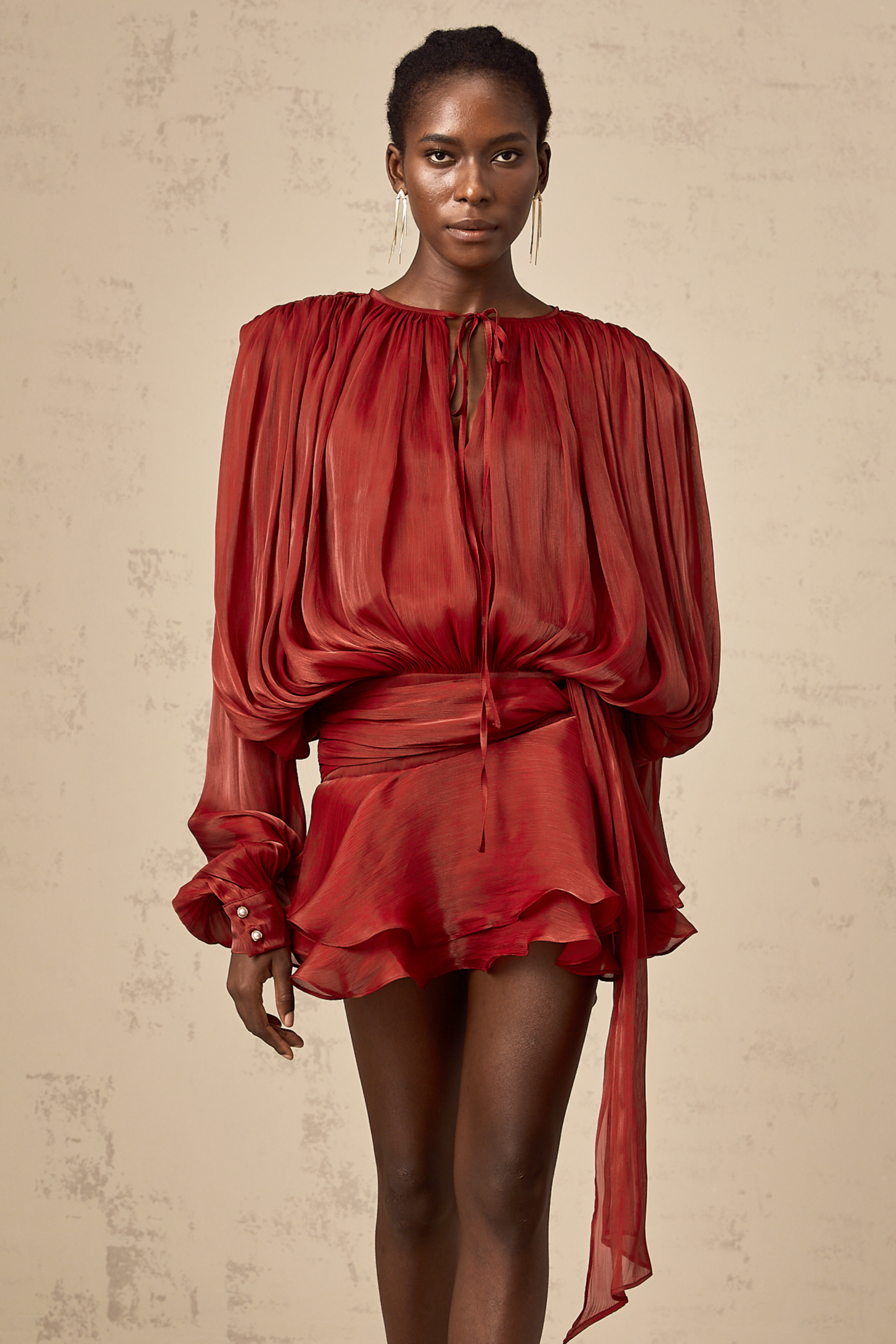 Eugénie Vestido mini rojo con volantes y pliegues