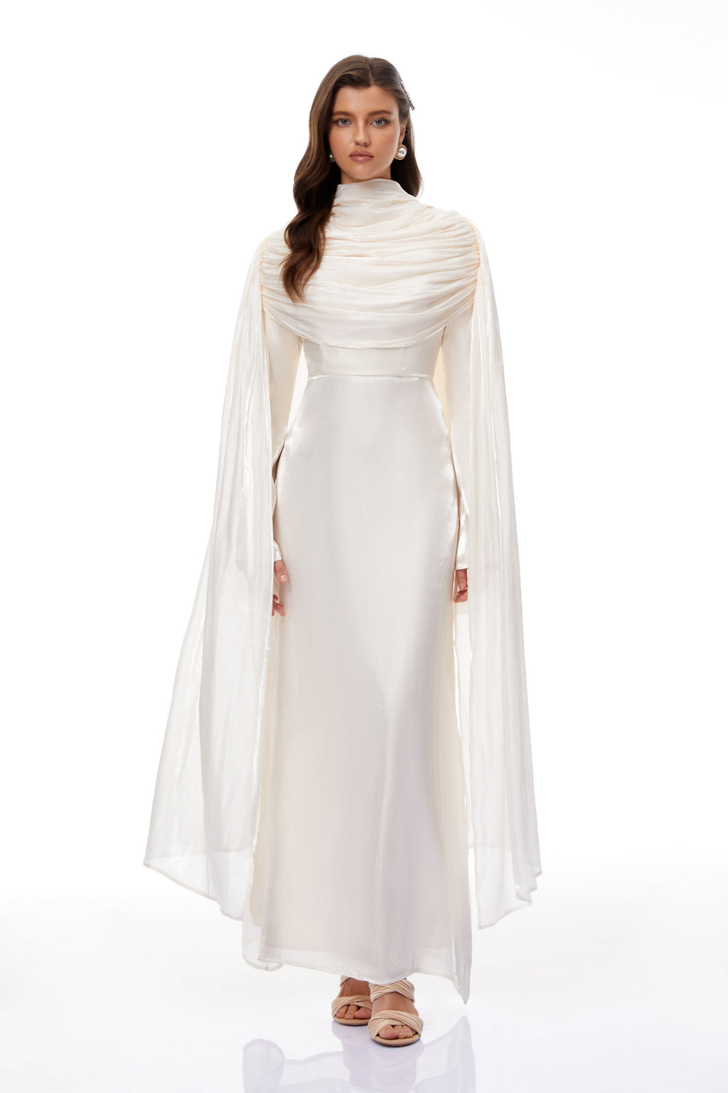Hege Cream Glossy Ruched Cape Maxi Dress