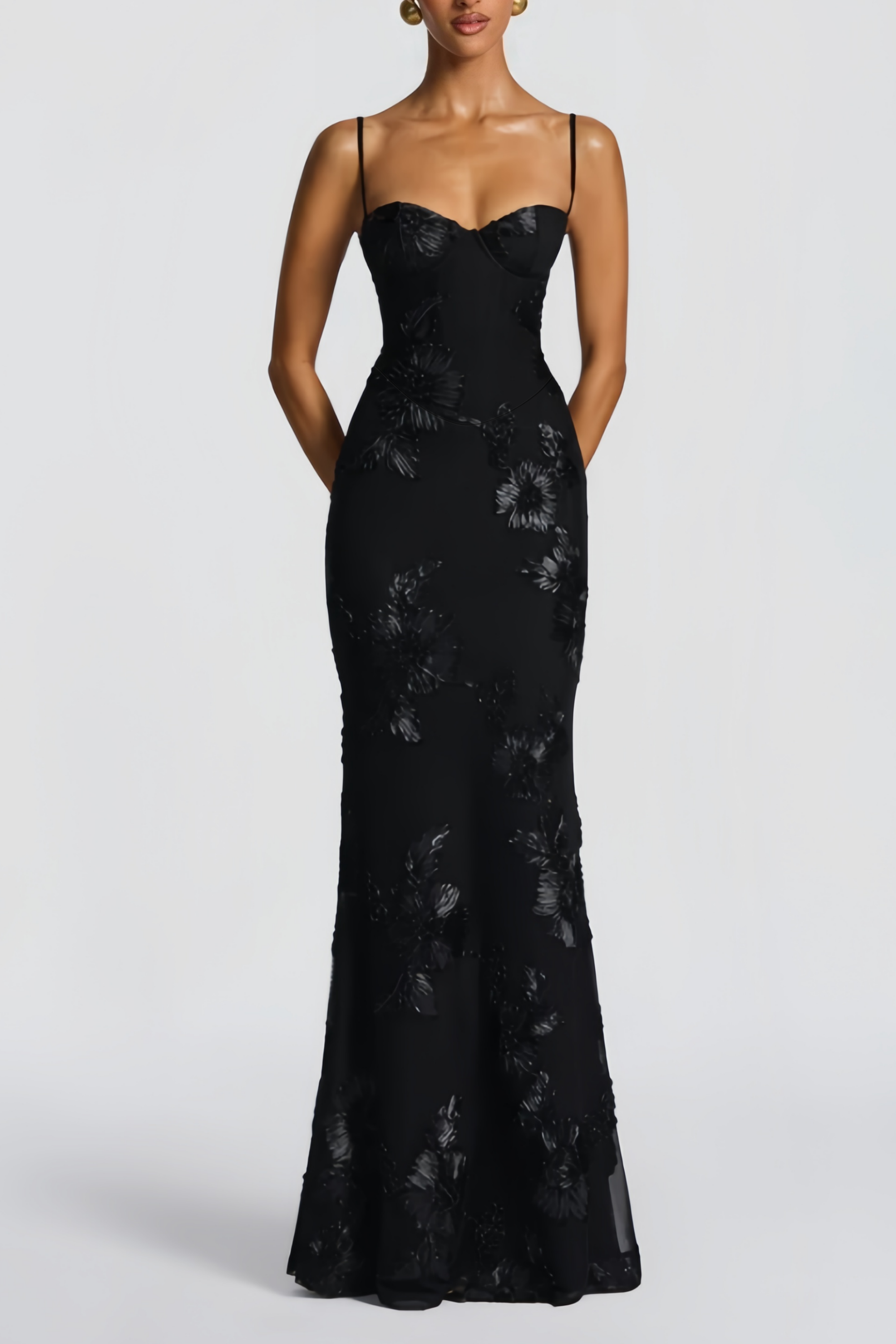 Théoline Black Floral Appliqué Corset Maxi Dress (Final Sale-US Only)