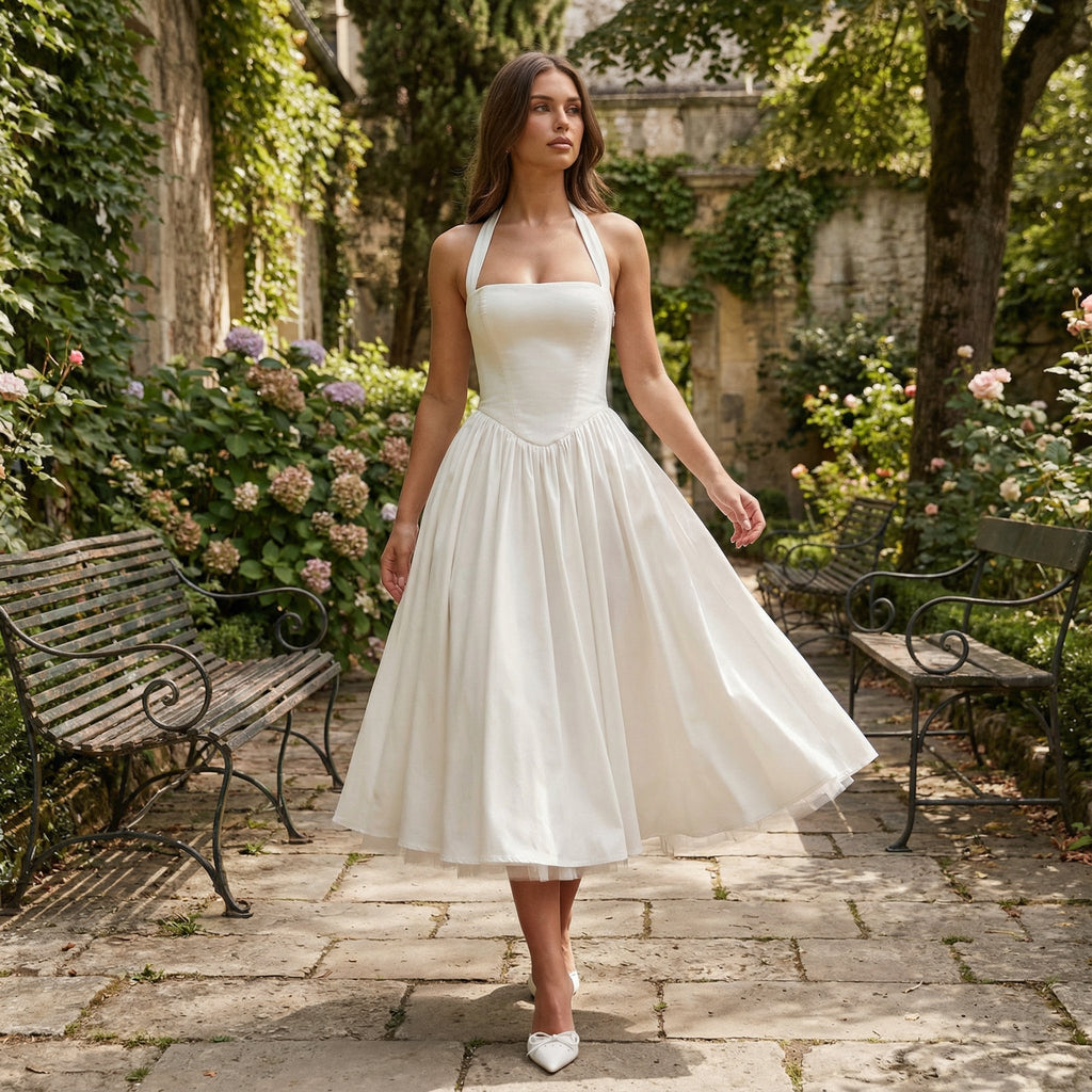 Vestido midi con corsé de encaje Éloise de la marca SLIPPO®, diseño elegante y ajustado en color neutro.