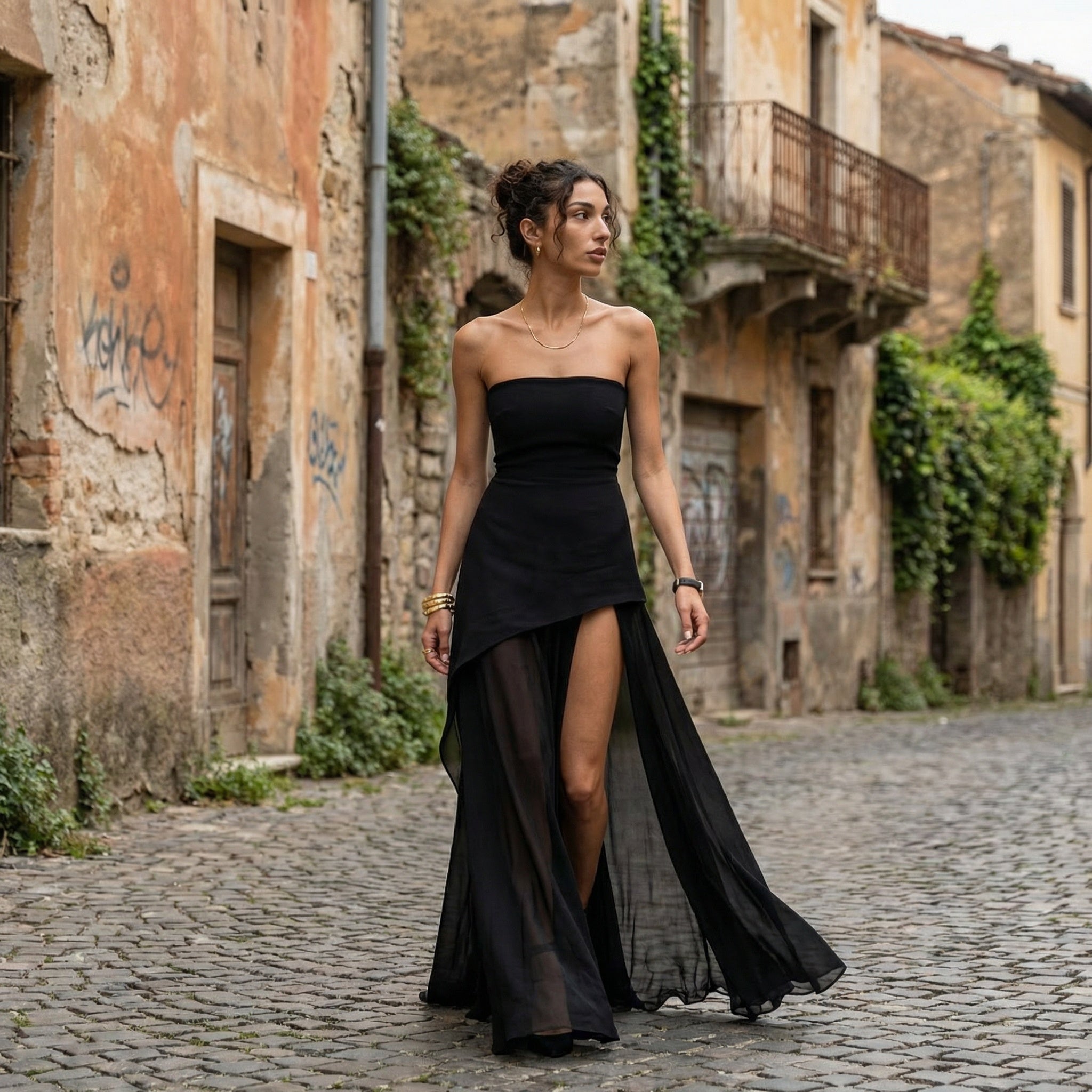 Vestido de noche sin tirantes Elodie de SLIPPO® en chiffon, con diseño elegante y fluido en color suave.