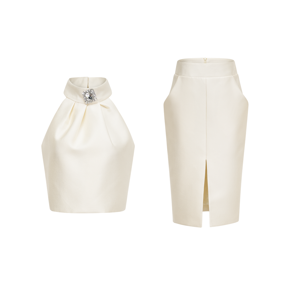 Conjunto coordinado de blusa blanca y falda de la marca Final Sale, con diseño elegante y estilo moderno.