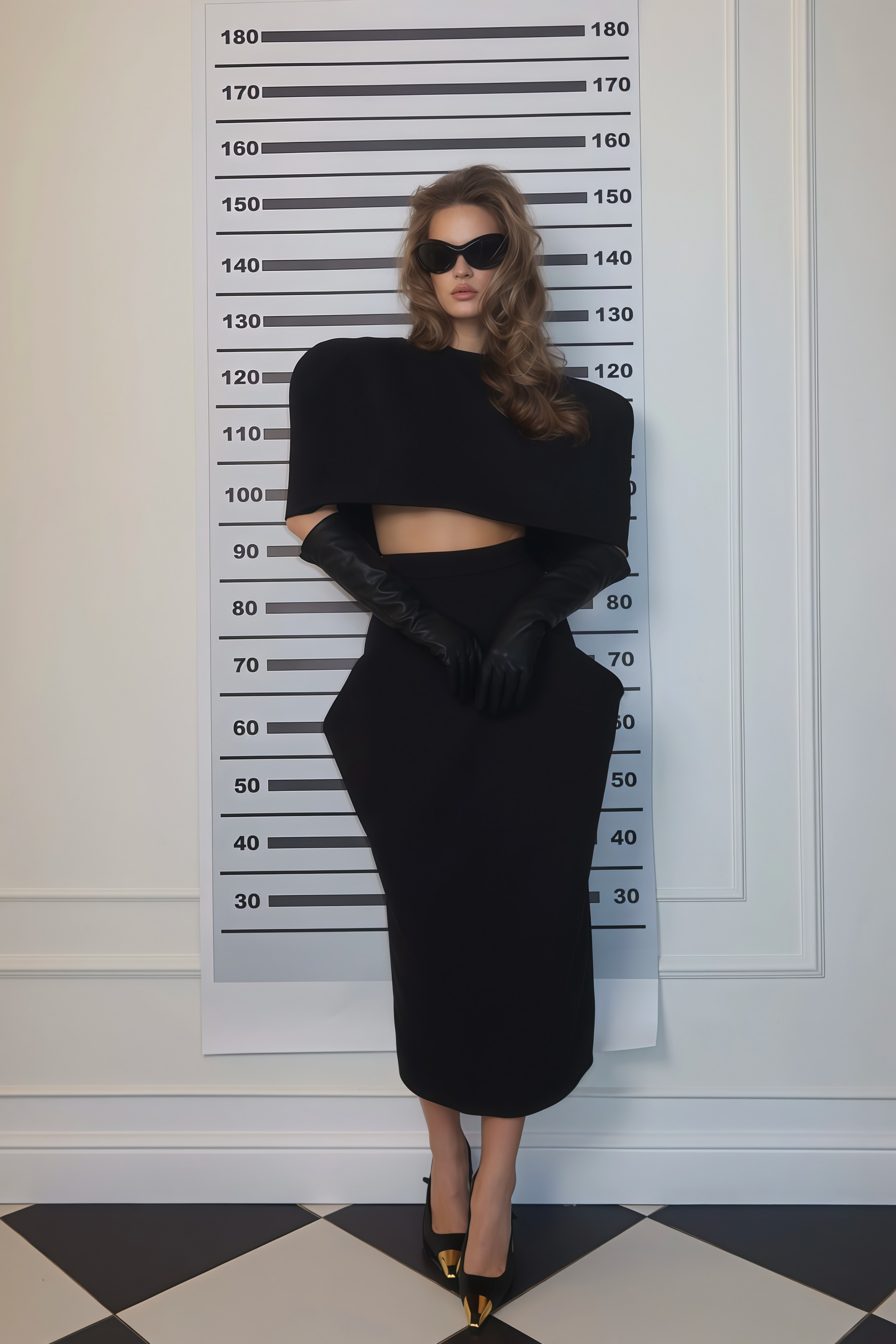 Conjunto de capa estructurada y falda asimétrica Shiva Black de MRNewyork, con diseño elegante en tonos oscuros.