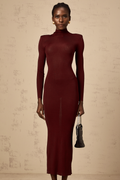Vestido midi rojo Eléa de punto semitransparente, cierre en la espalda y diseño ajustado, para un estilo elegante y moderno.