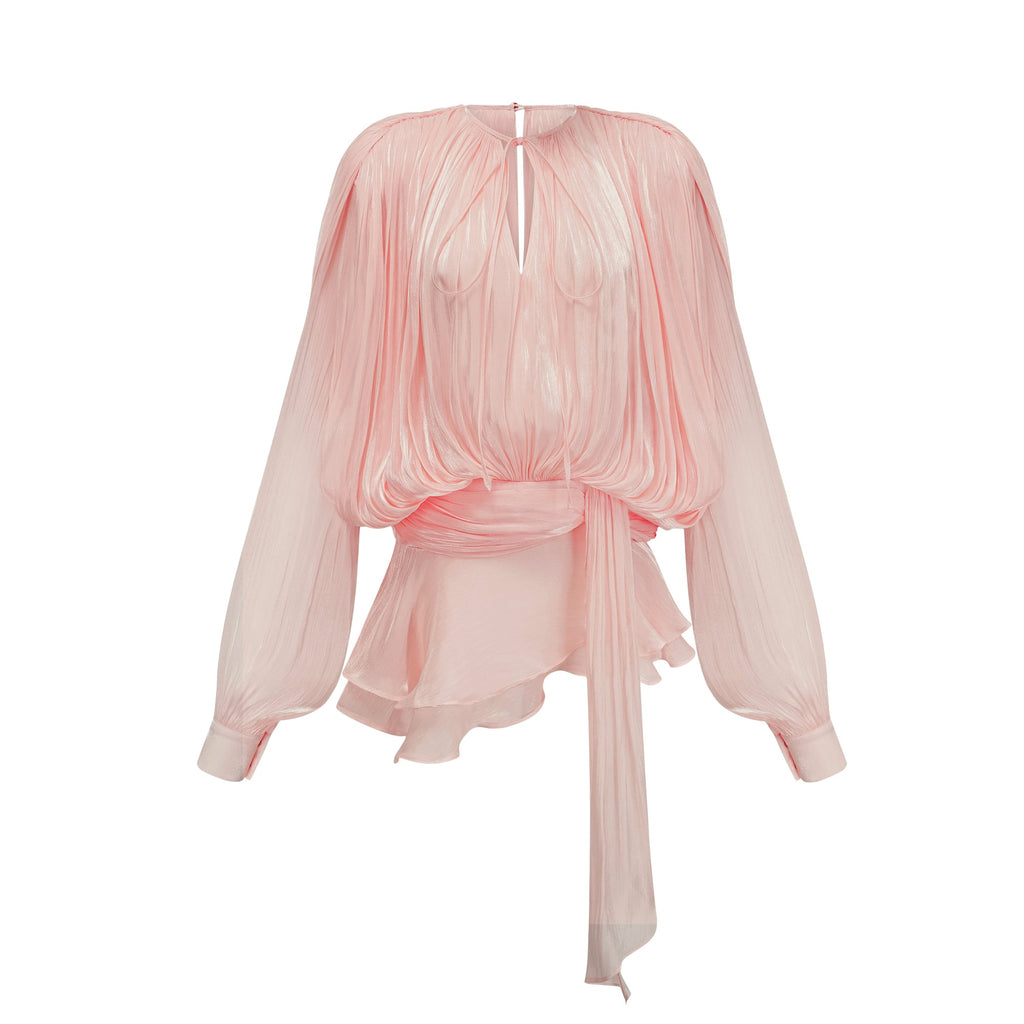 Eugénie Mini vestido rosa con volantes y pliegues