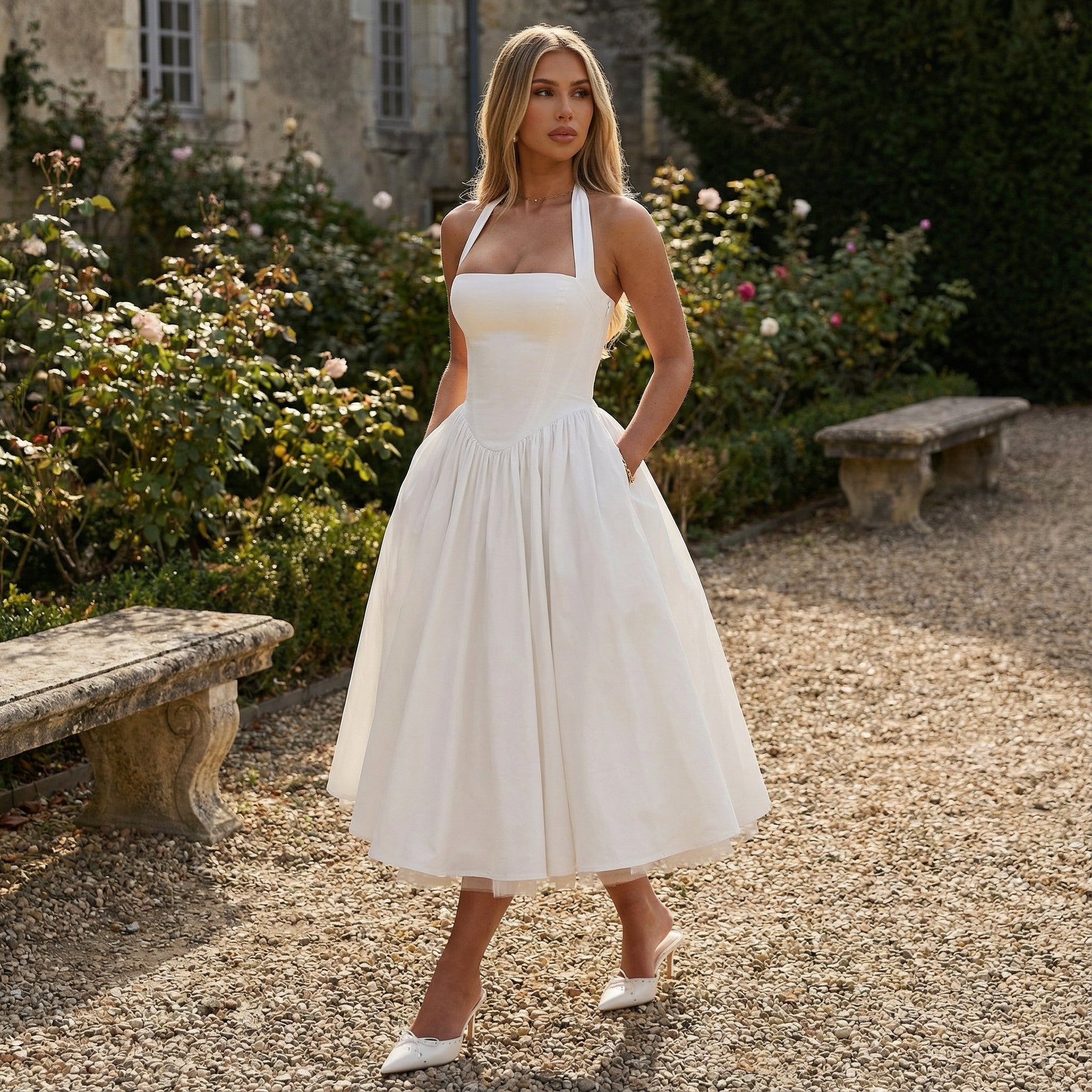 Vestido midi de encaje Éloise de SLIPPO® con corsé ajustado y detalles elegantes en encaje blanco.