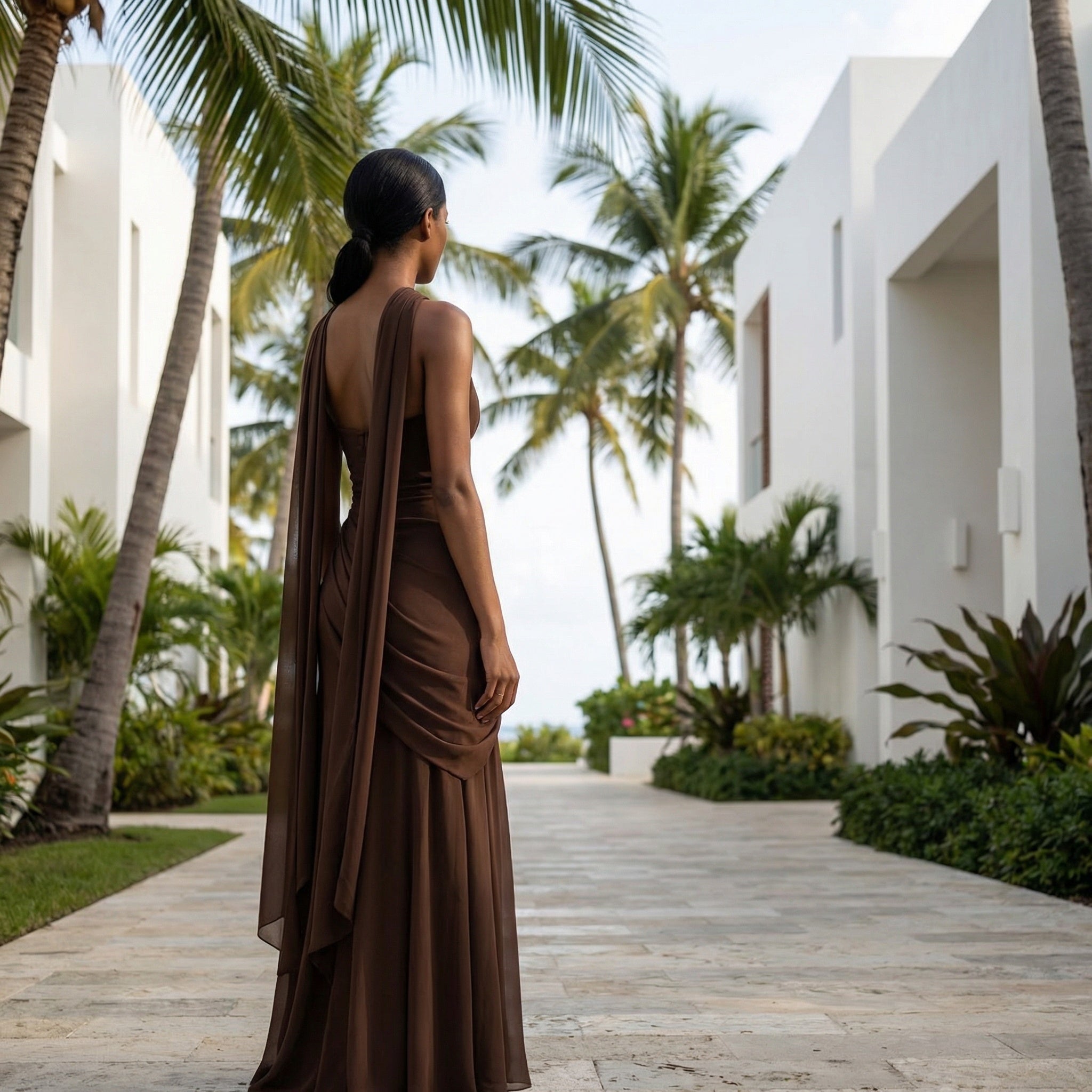 Vestido largo sin tirantes Elodie de seda chiffon en color suave, con diseño elegante y fluido, de la marca SLIPPO®.