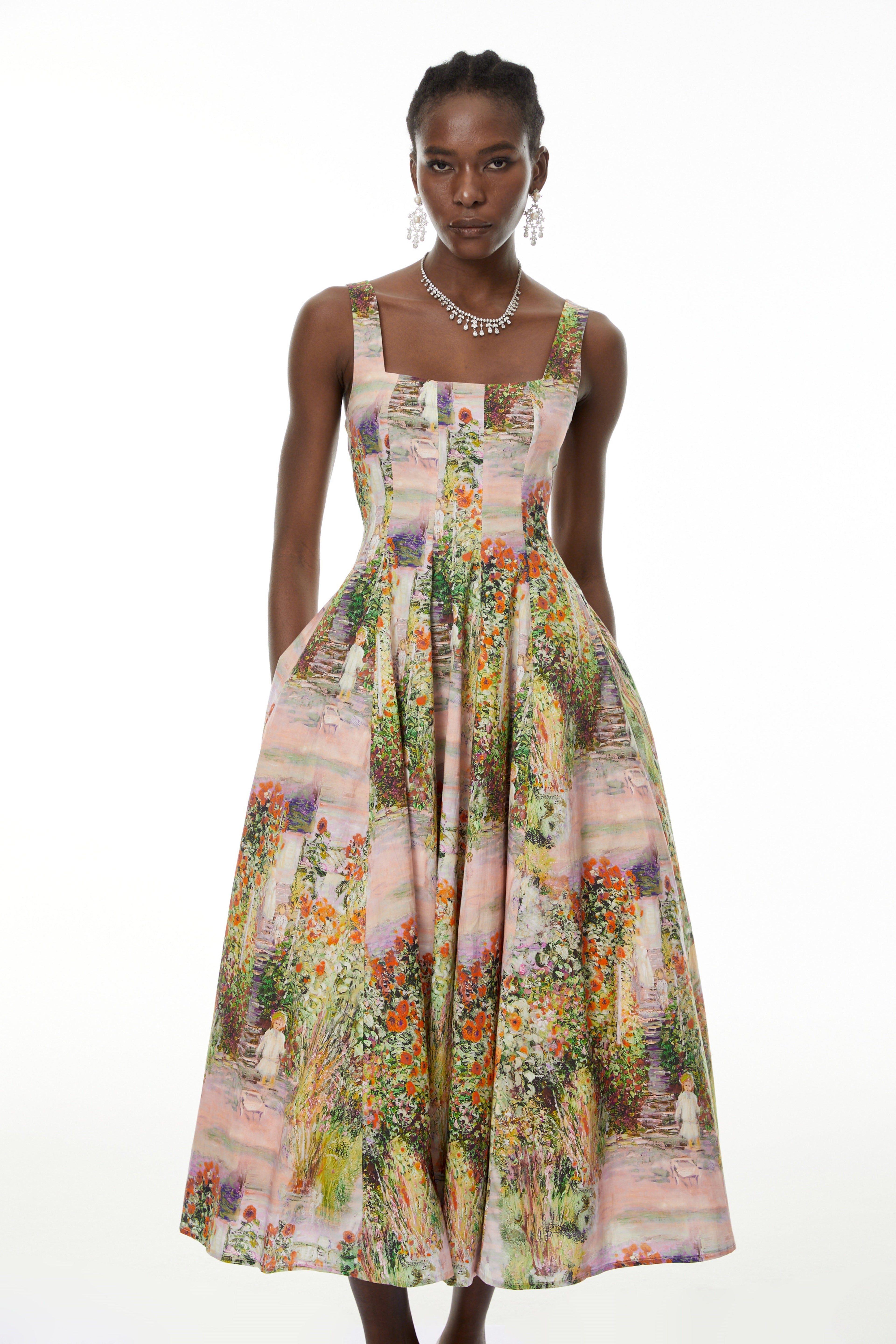 Adelheid Pink Floral Print Flared Midi Dress