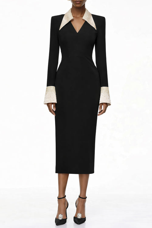 Vestido midi negro Aina con corsé adornado de MRTokyo, con detalles brillantes y ajustado en la cintura.