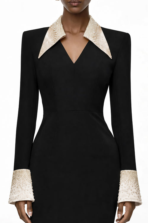 Vestido midi negro Aina MRTokyo con corsé y detalles adornados, ajuste ajustado y elegante estilo para ocasiones especiales.