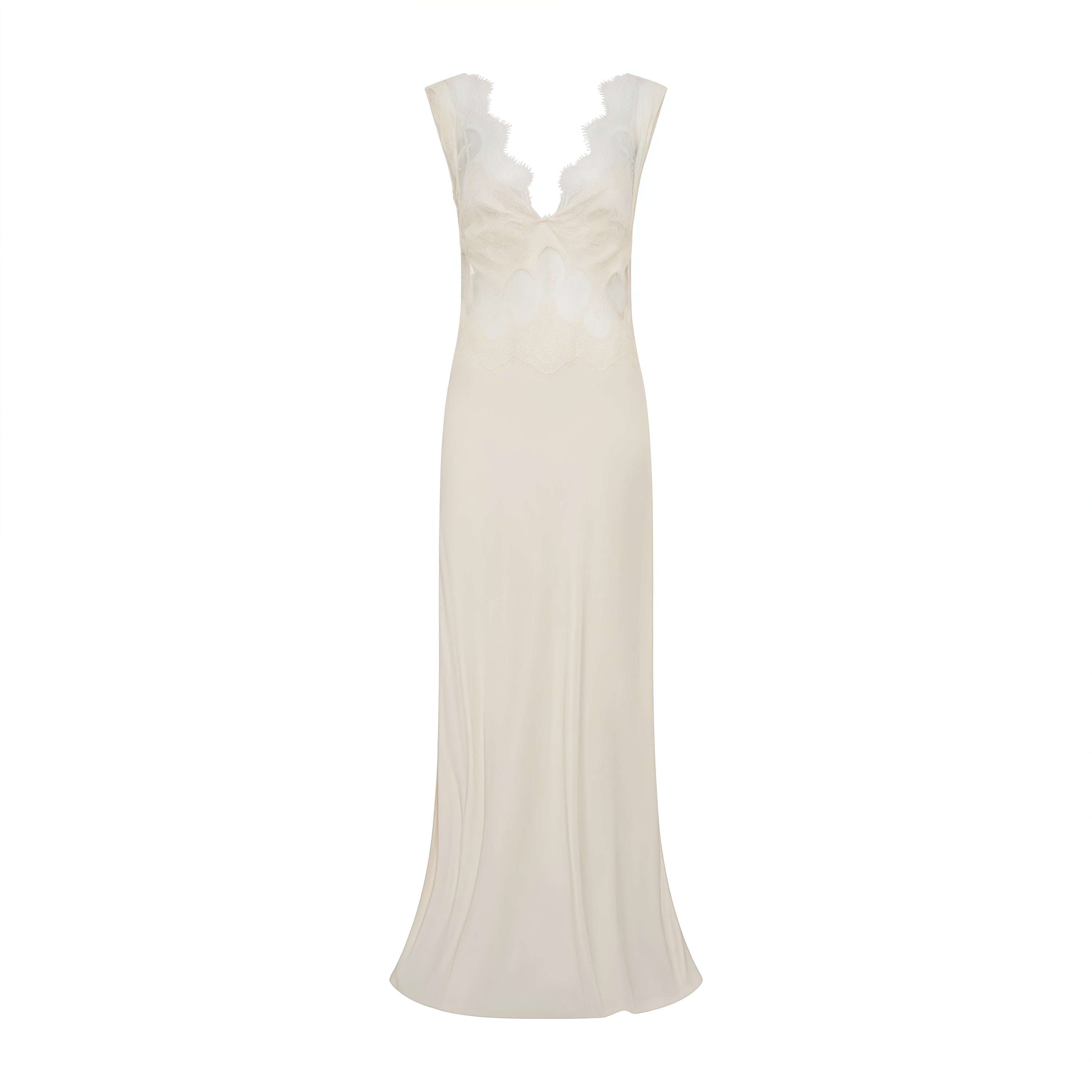 Vestido maxi de satín Aitana Neutrals de MRTokyo con paneles de encaje, diseño elegante y suave en tonos neutros.