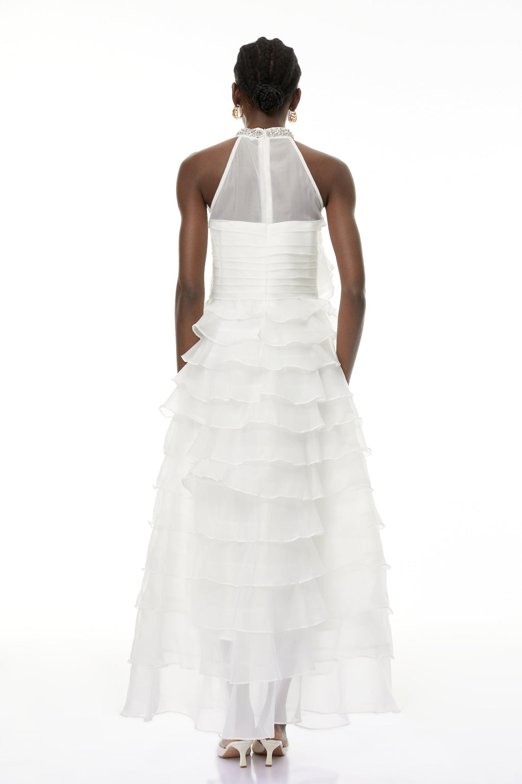 Vestido maxi blanco Anathi con flores 3D y volantes, vestido largo elegante de MRMelbourne para mujer