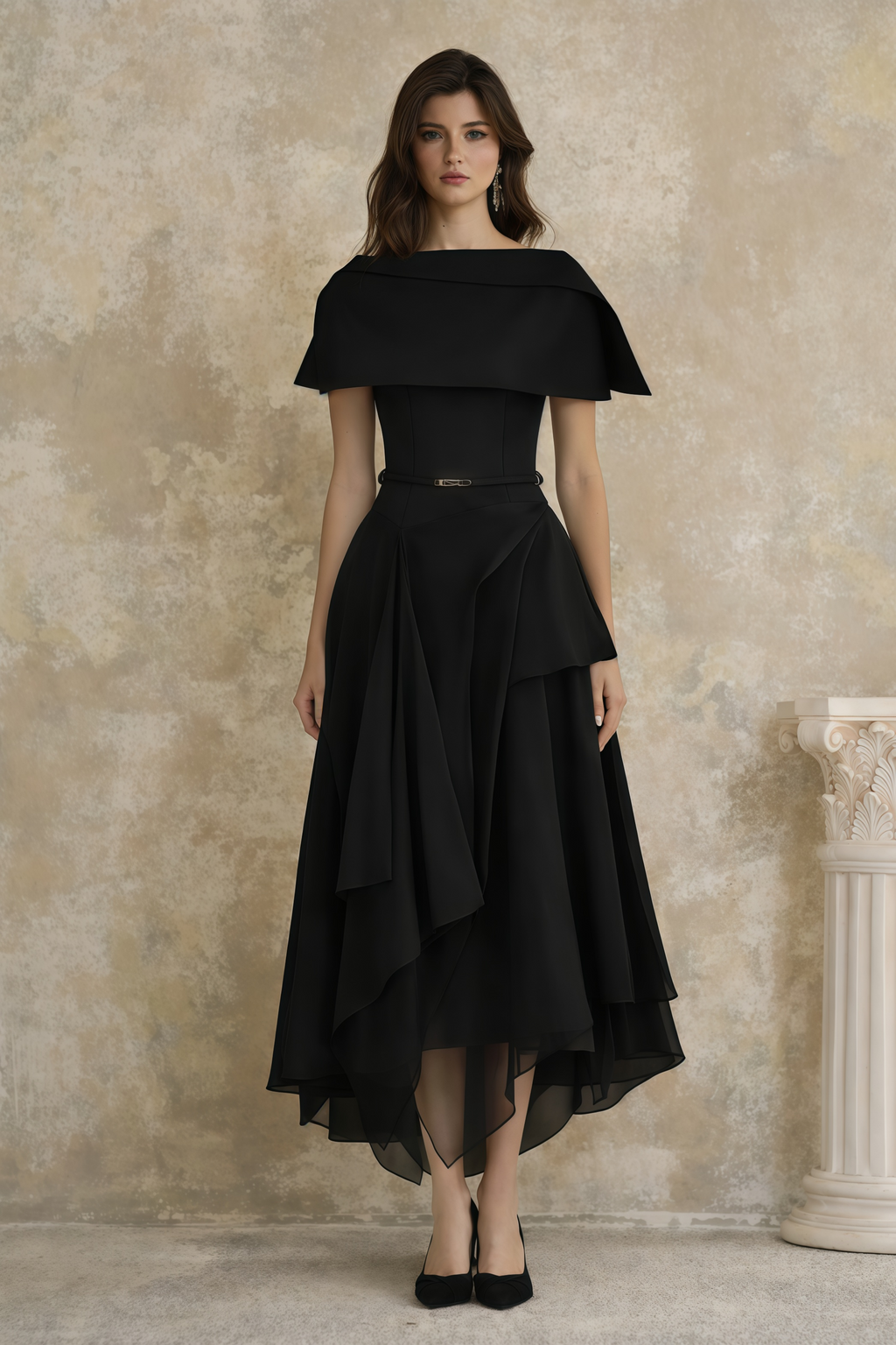 Conjunto de vestido de novia con chaqueta asimétrica negra y panel de tul, elegante y sofisticado para ocasiones especiales