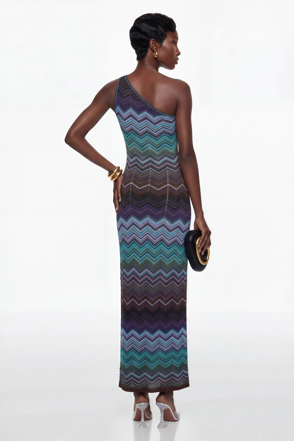 Vestido largo de punto azul Avery de MRMelbourne con patrón de ondas, diseñado para un estilo elegante y cómodo.