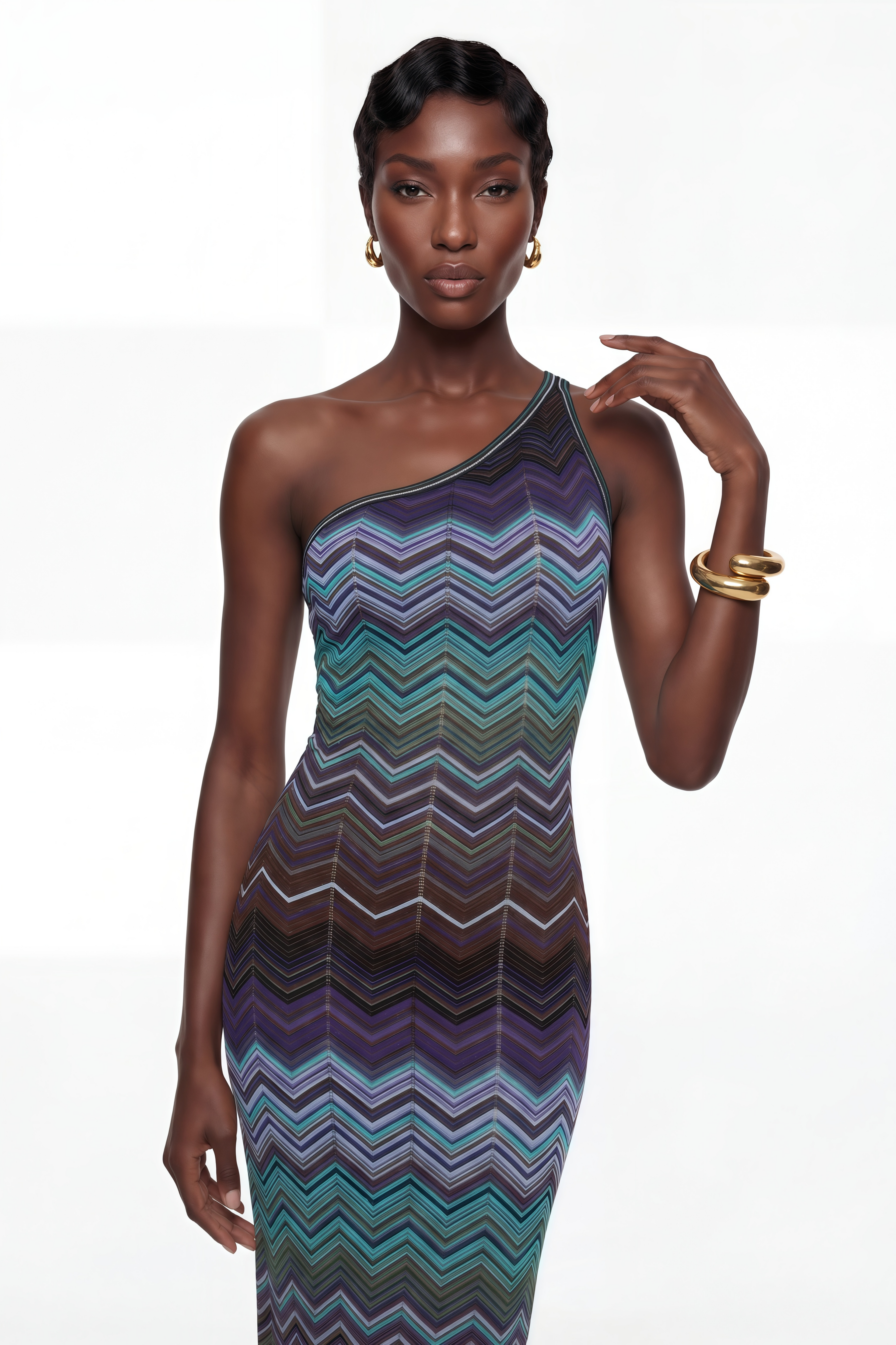 Vestido largo azul de punto con patrón de ondas de la marca MRMelbourne, diseño maxi y elegante.