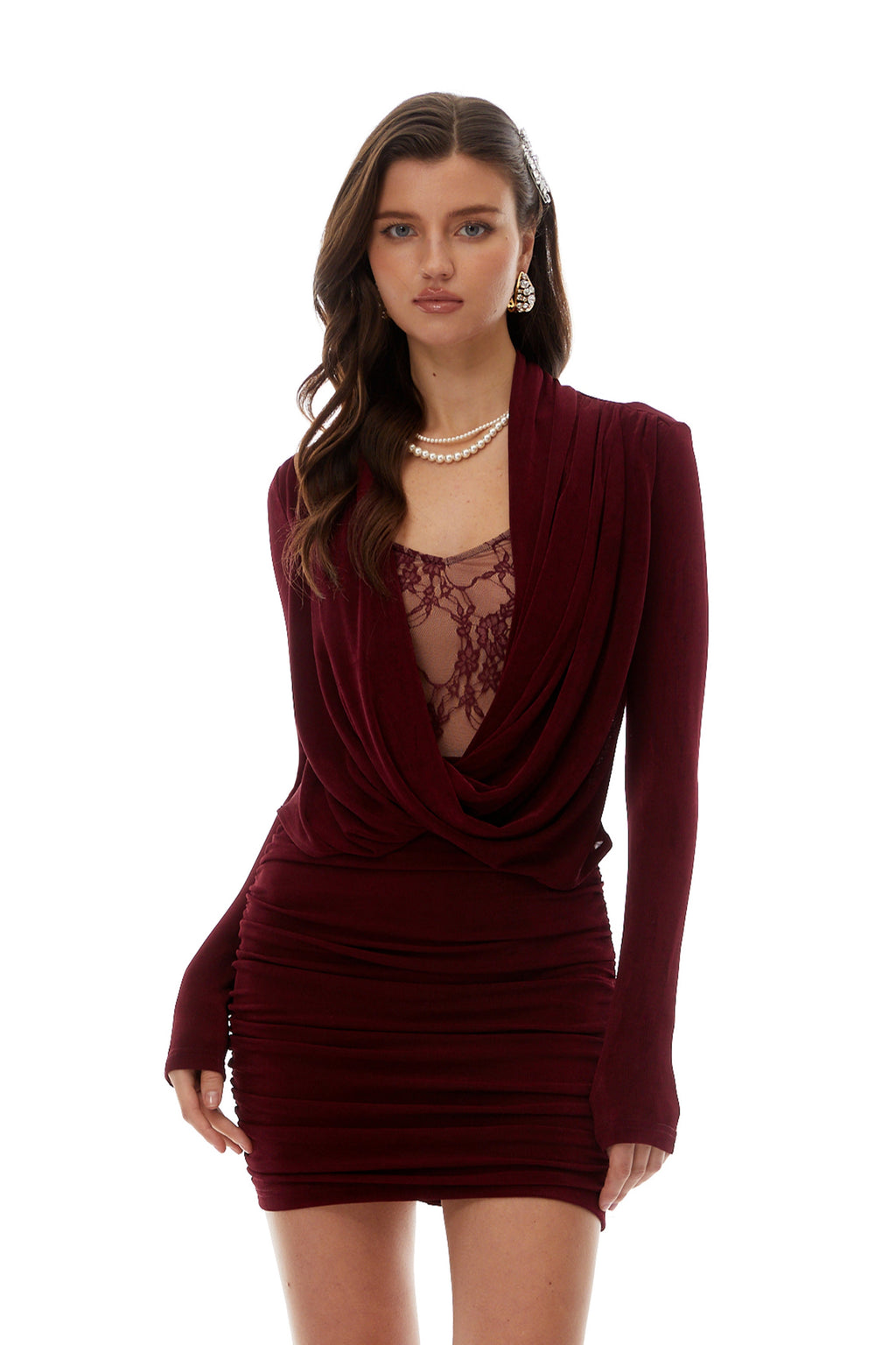 Bianca Burgundy Lace Panel Ruched Mini Dress