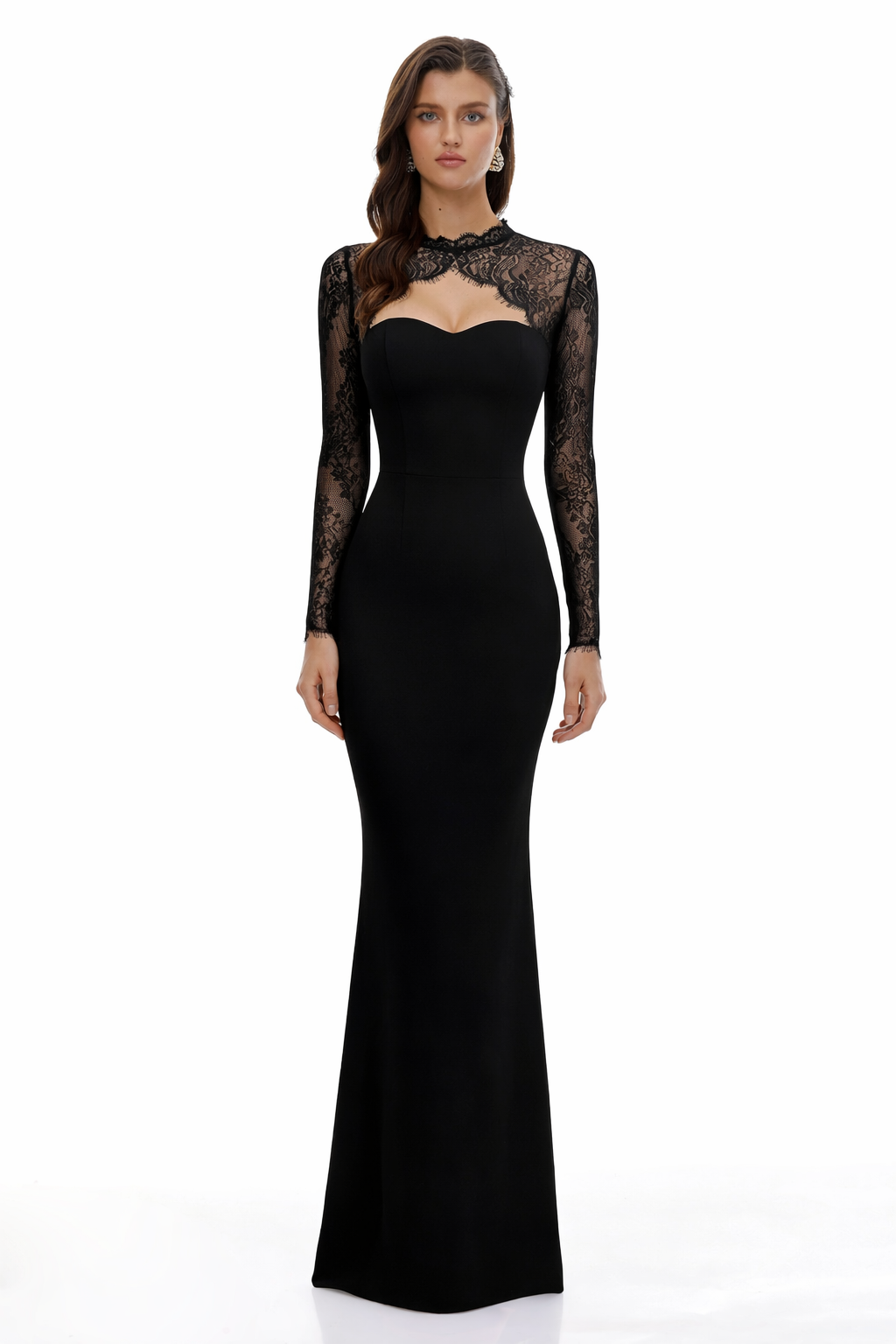 Vestido largo de novia Bokamoso con panel de encaje negro y corte sirena, elegante vestido de novia de seda y encaje.