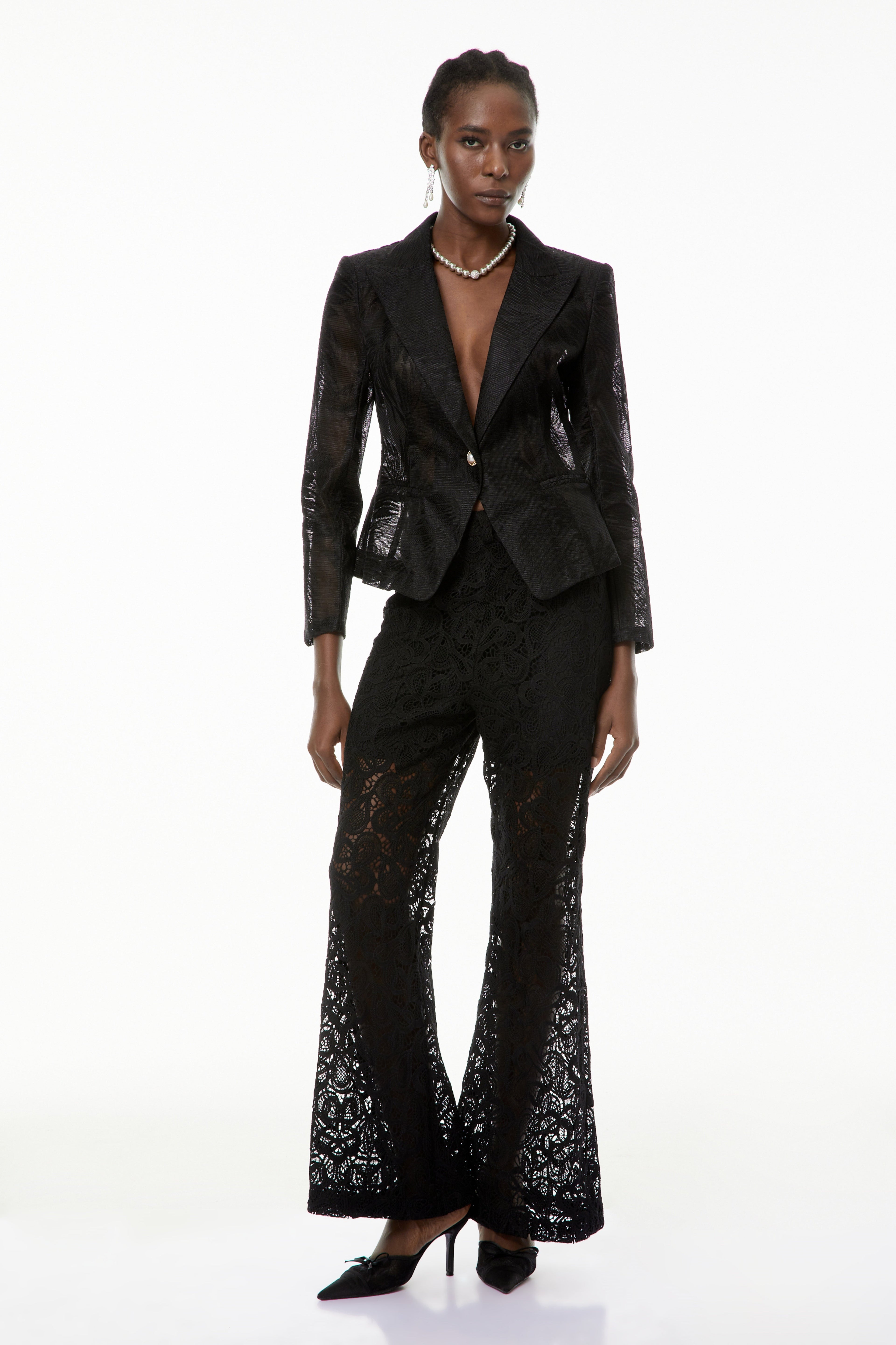 Bonnie Black Semi-Sheer Blazer with Leaf Embroidered