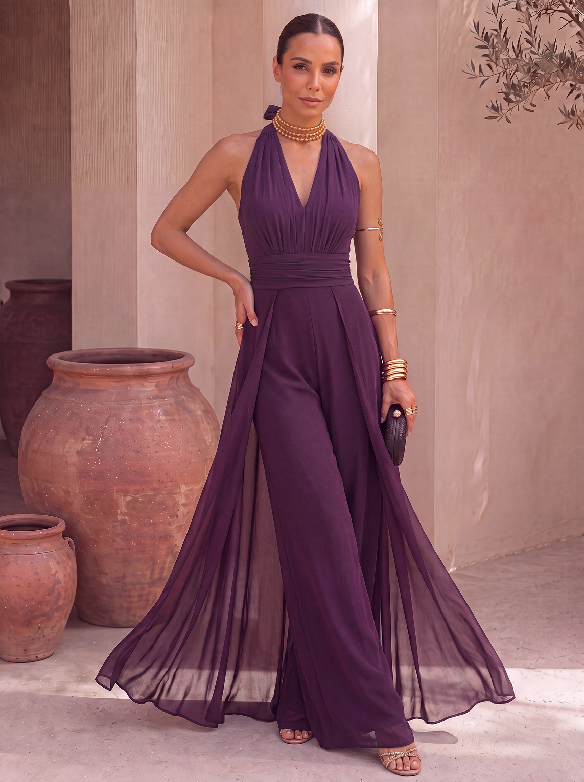 Vestido largo de chifón con escote halter y pañuelo, de la marca Elara Voss, muestra el diseño elegante en la imagen.