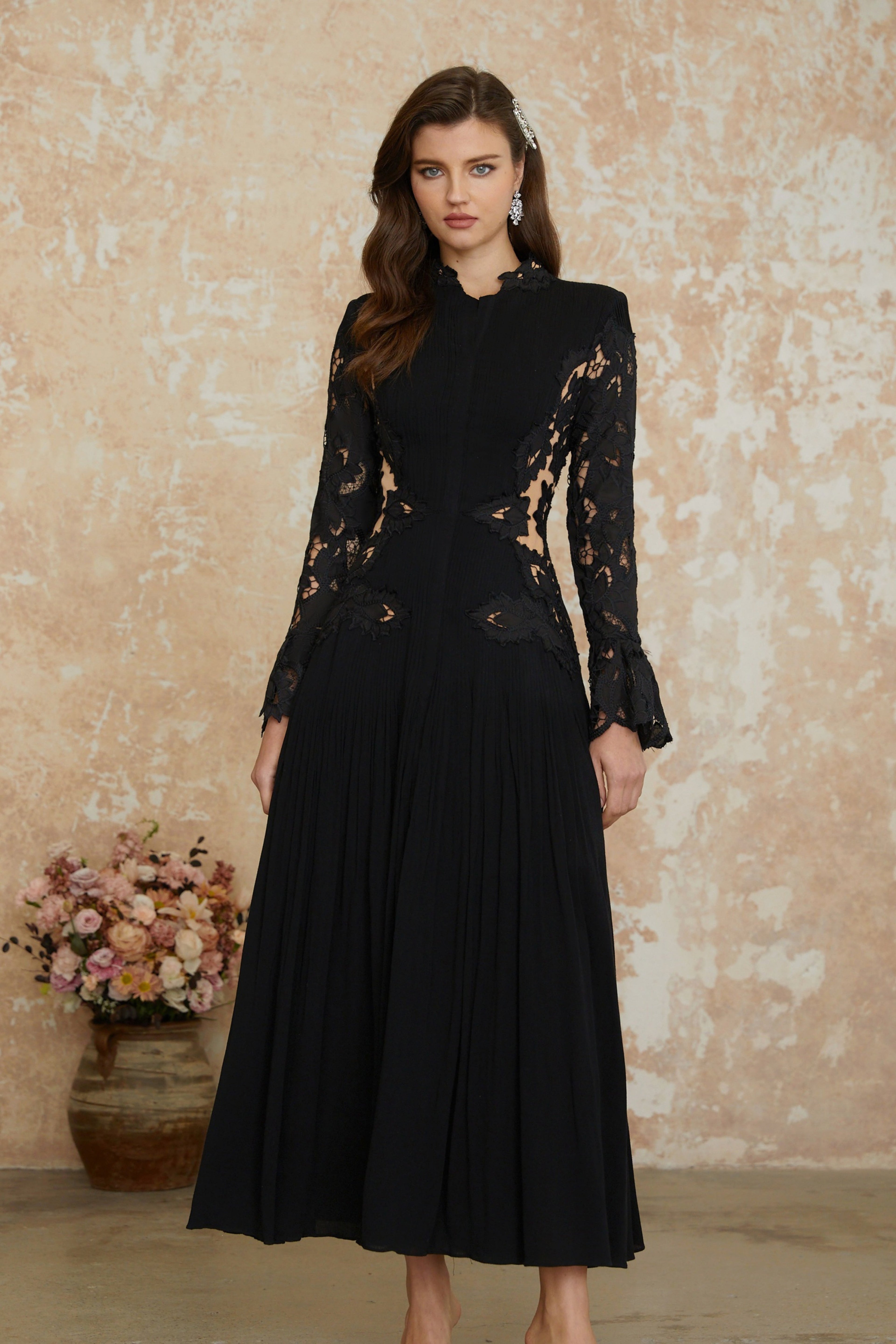 Chiara Black Lace Panel Pleated Midi Dress