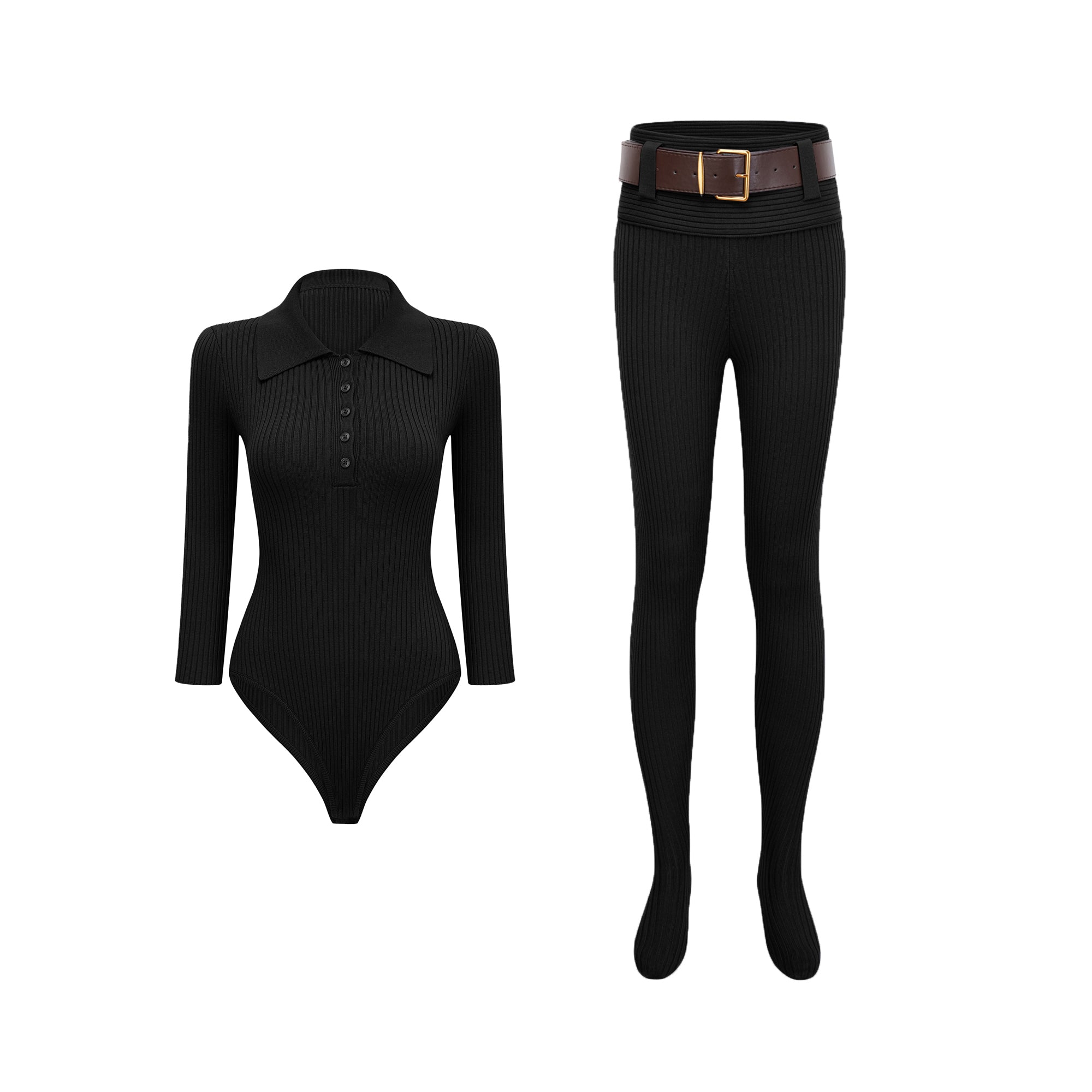 Conjunto de ropa de novia: body de punto negro a rayas y pantalones a juego, estilo elegante y ajustado.