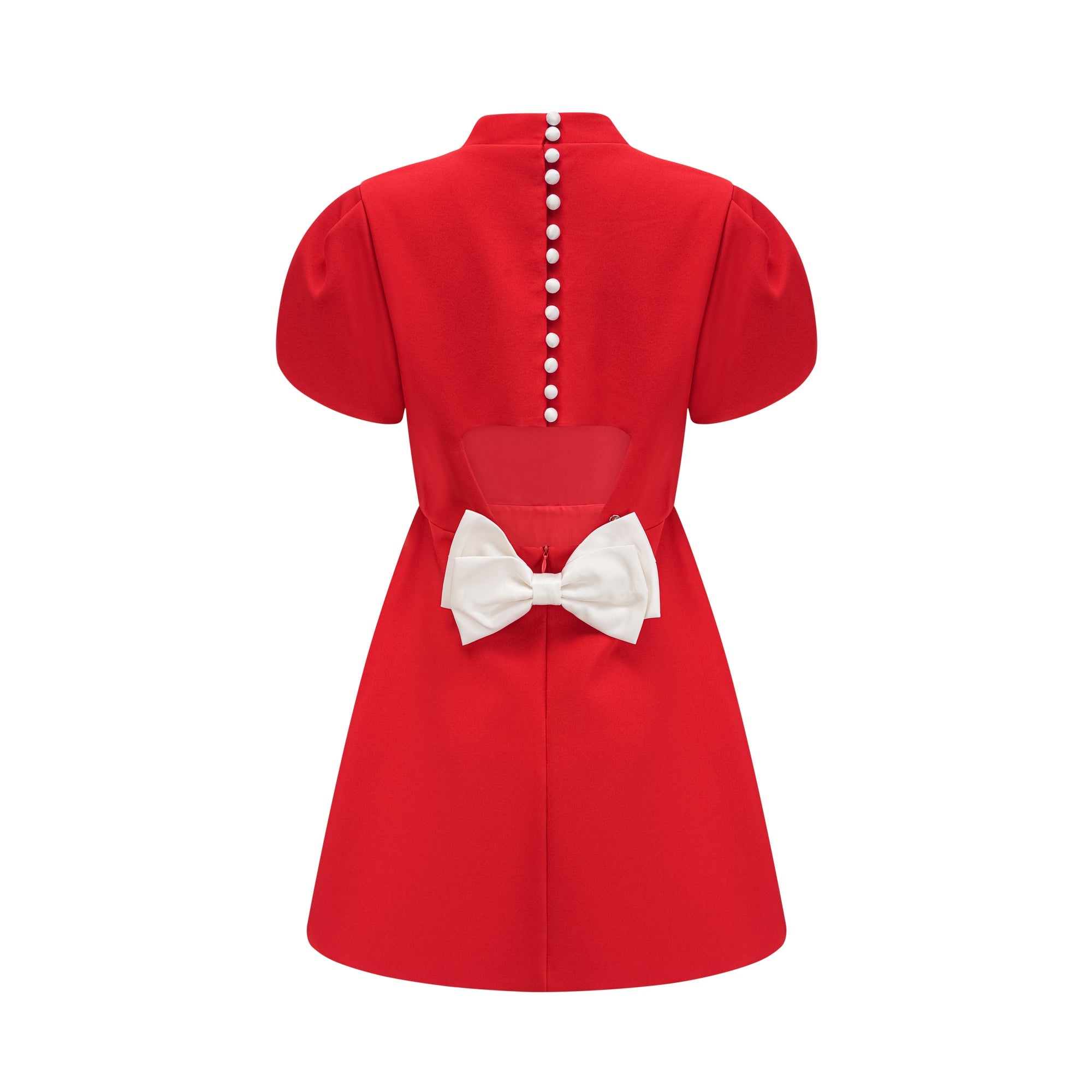 Vestido mini rojo con mangas de pétalos y lazo en el escote, de la marca Final Sale, para un estilo elegante y moderno.