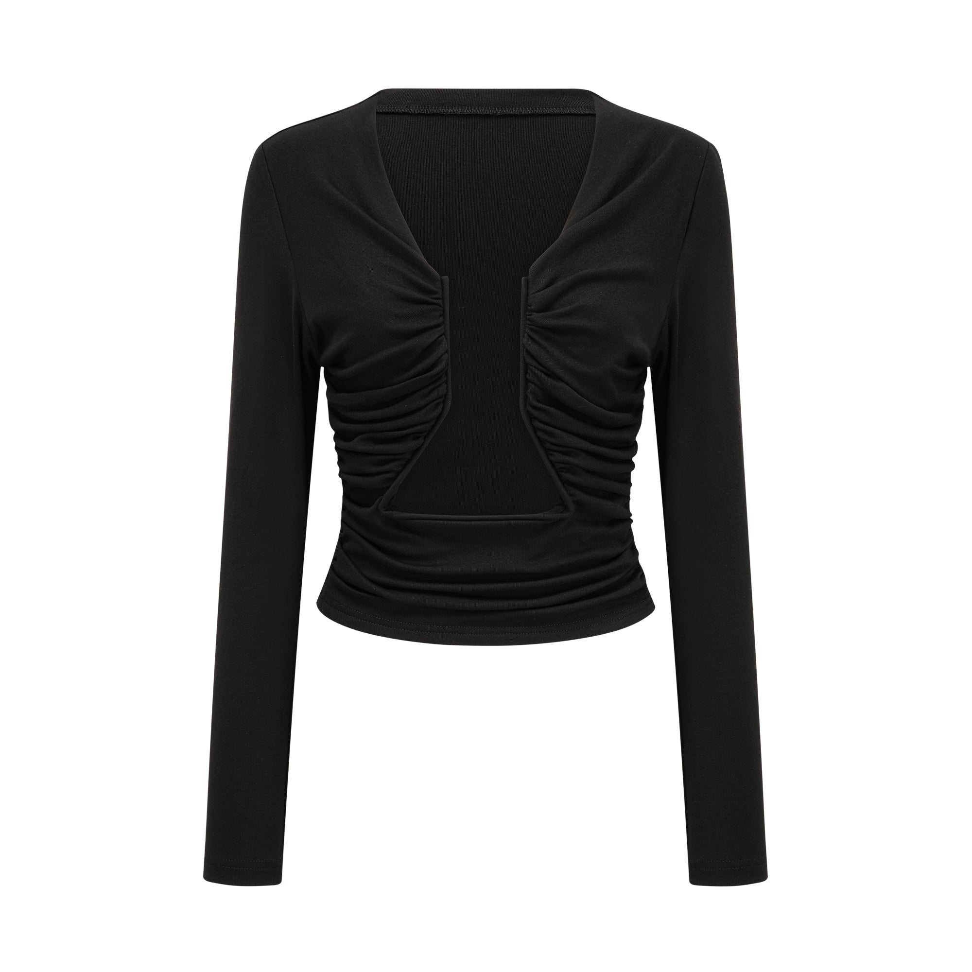Blusa negra Anaïs con abertura frontal y detalles fruncidos, estilo elegante y moderno, vista de la parte superior sobre fondo neutro.