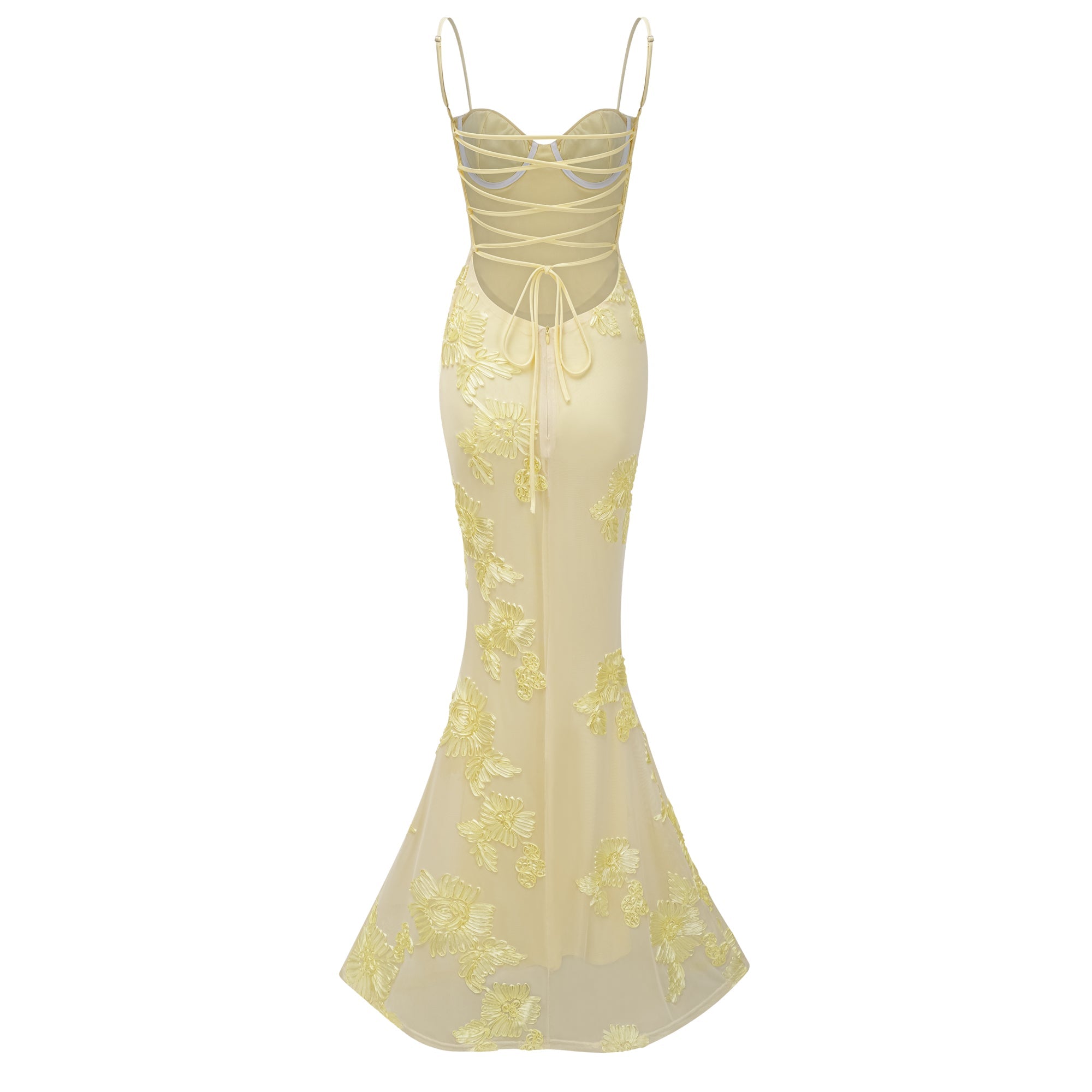 Vestido largo de corsé con apliques florales amarillos de la marca Final Sale, con detalles de tela y diseño elegante.