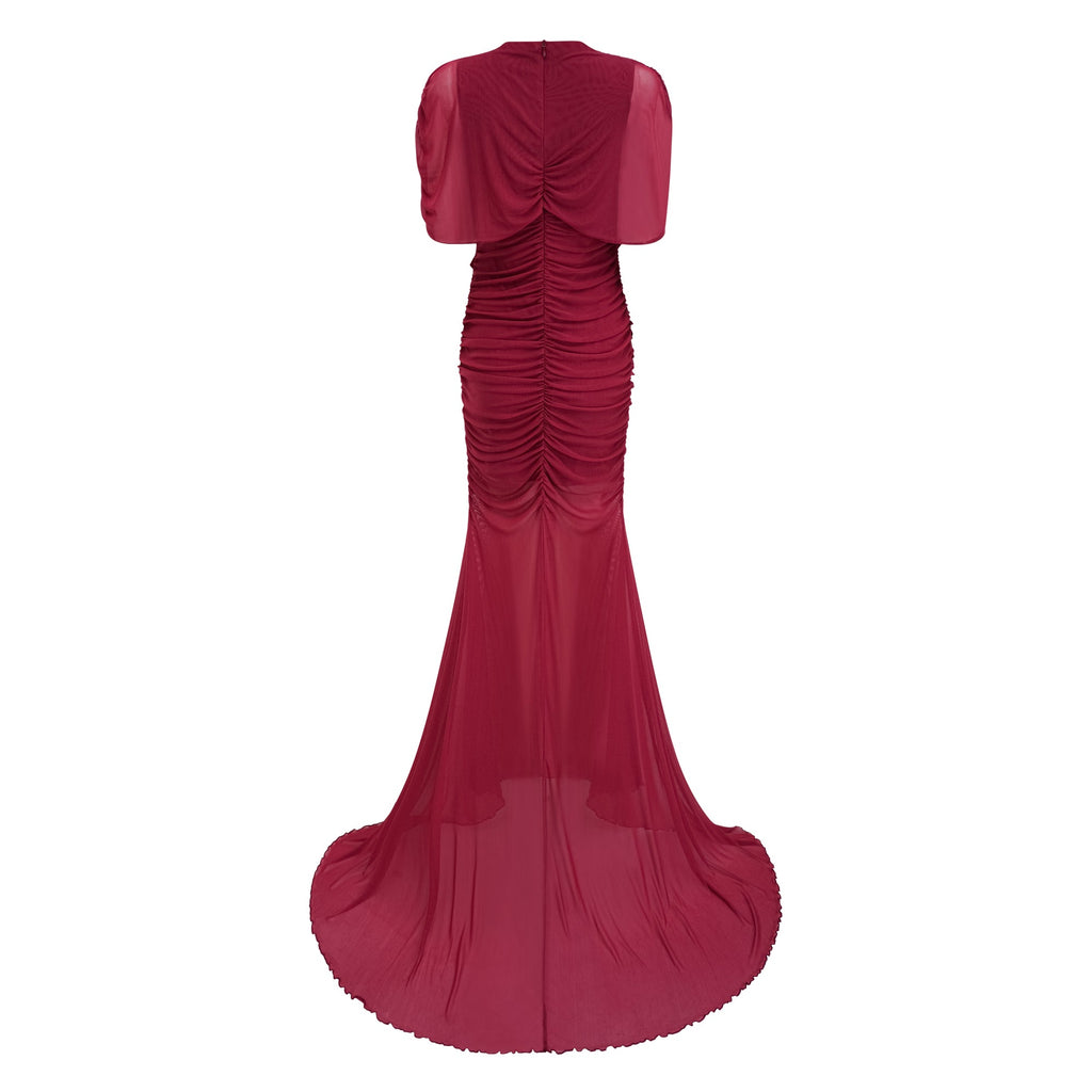 Sylphe Red Asymmetrical Ruched Mesh Maxi Dress (Final Sale-US Only)