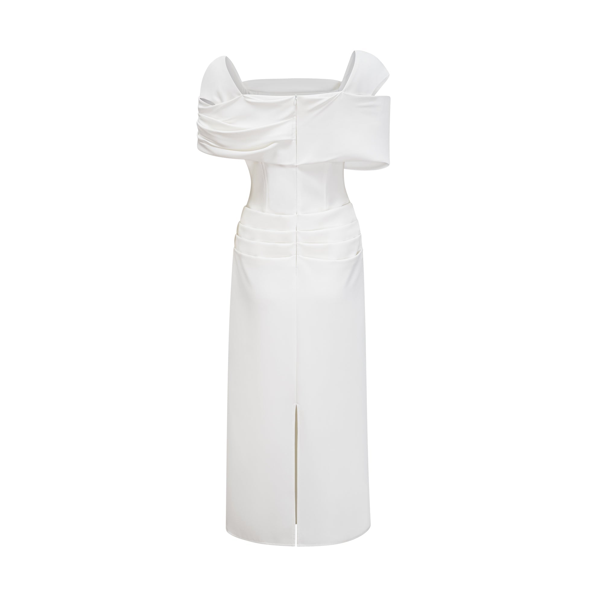 Vestido midi blanco Solara de Bridal con caída elegante y detalles de drapeado en la parte superior.