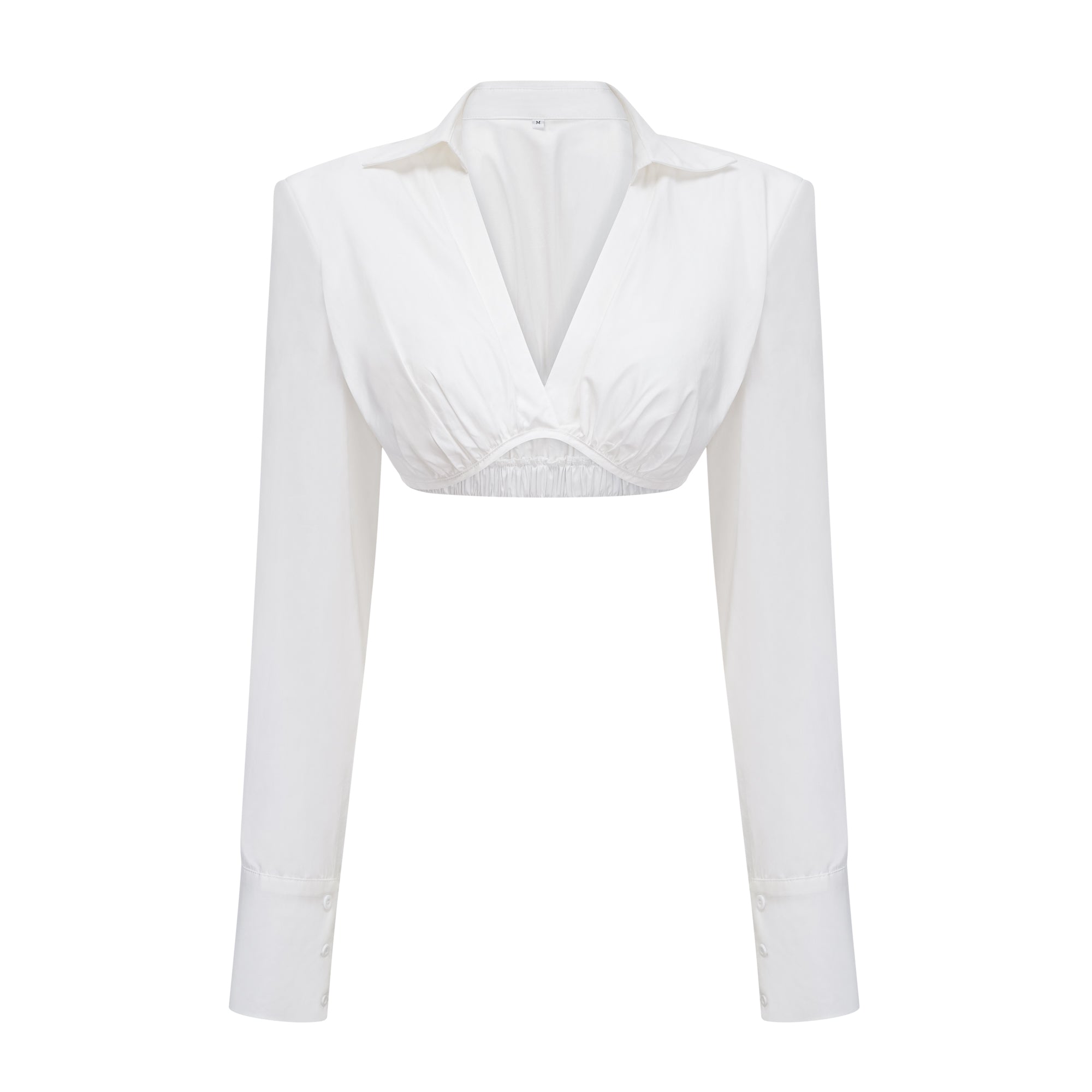 Conjunto de blusa y falda blanca Caterina de Bridal, con detalles fruncidos y estilo elegante, sobre fondo neutro.