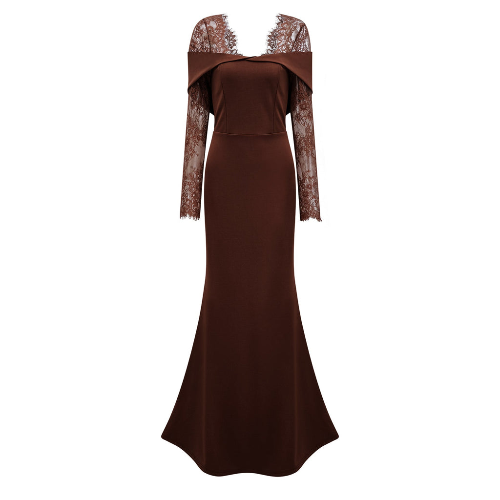 Vestido largo de novia Georgiana con paneles de encaje marrón y falda acampanada, elegante y sofisticado.