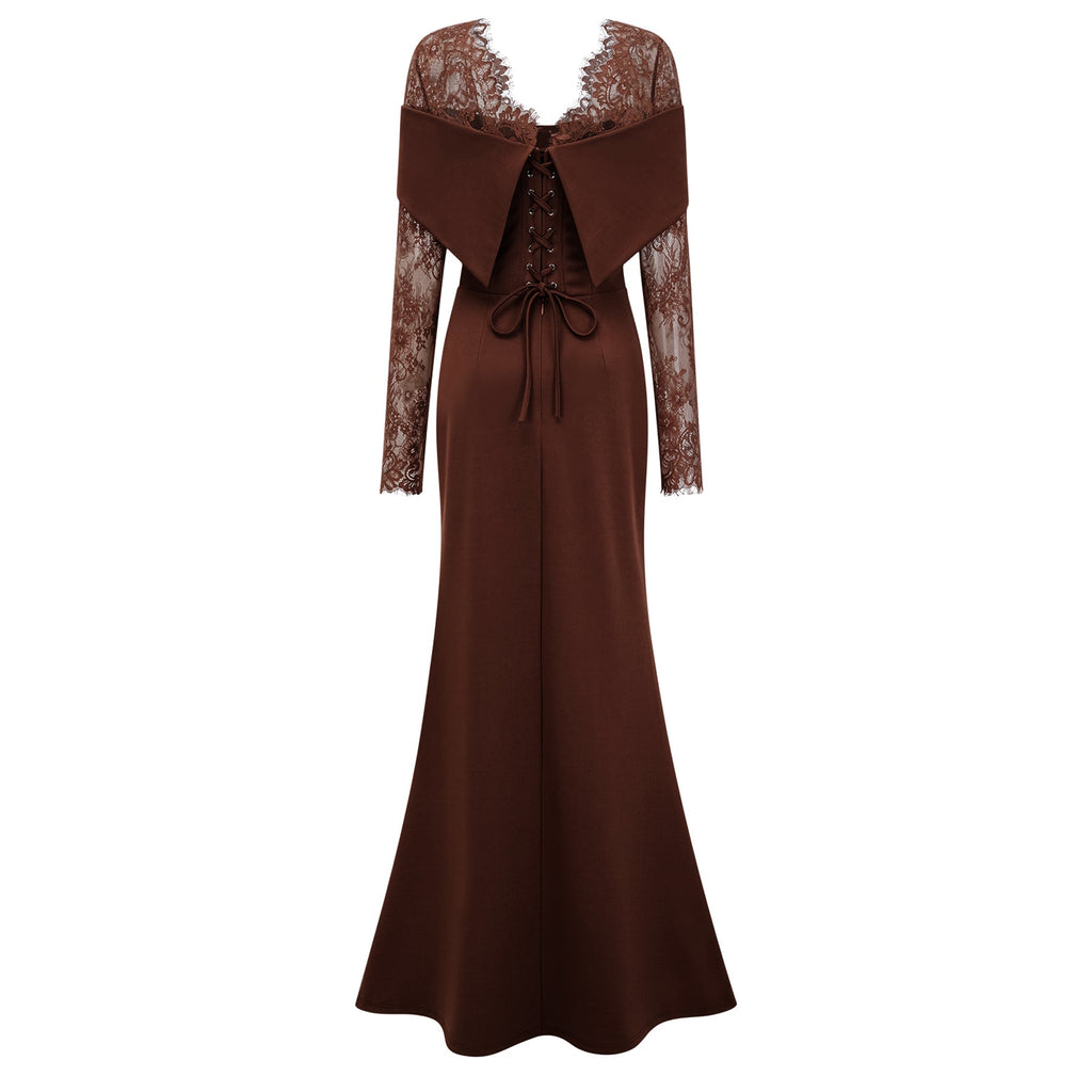 Vestido de novia Georgiana marrón con panel de encaje y falda maxi acampanada, diseño elegante y sofisticado.