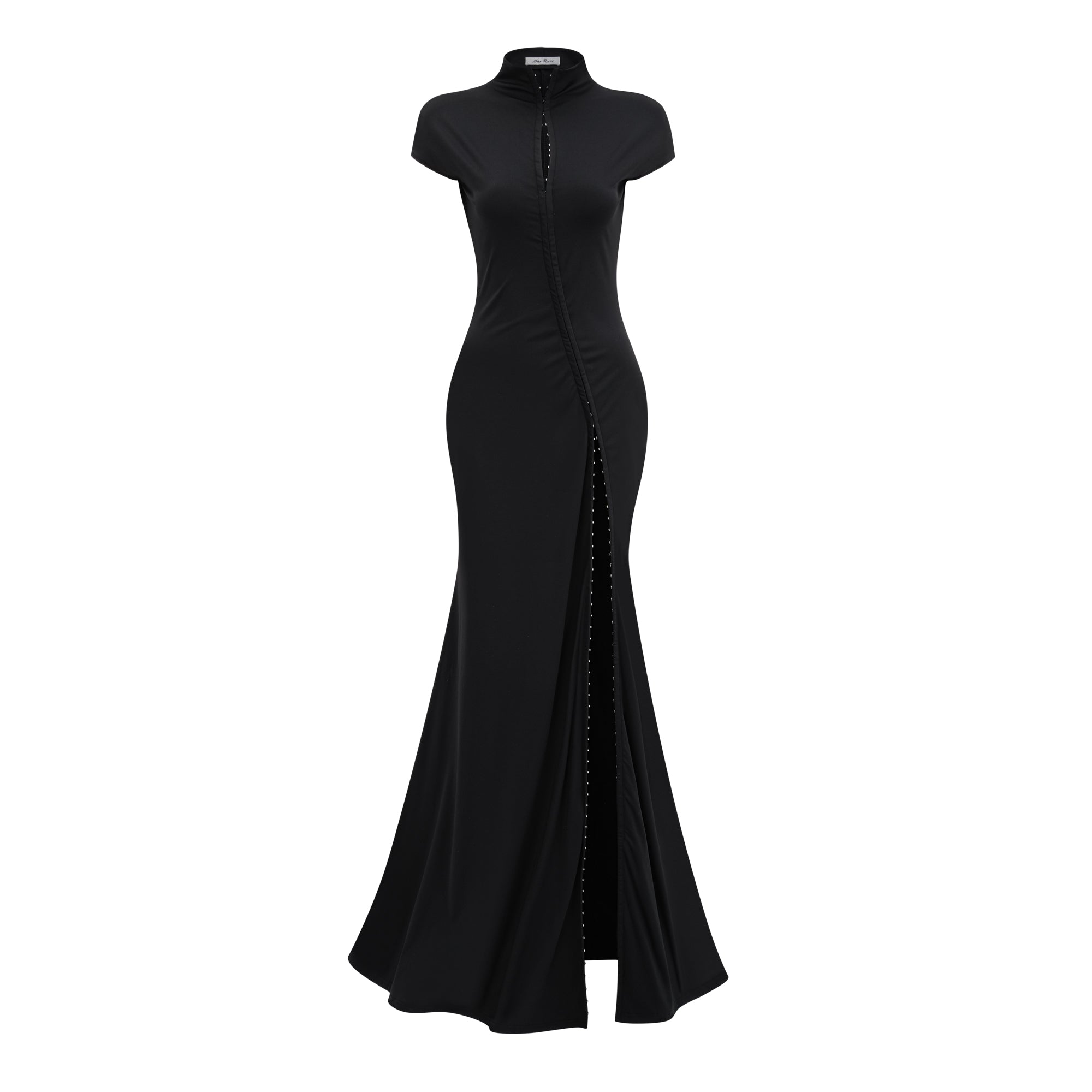Vestido maxi negro Andrea de Bridal con escote en forma de lágrima y abertura alta en el muslo, elegante y ajustado.