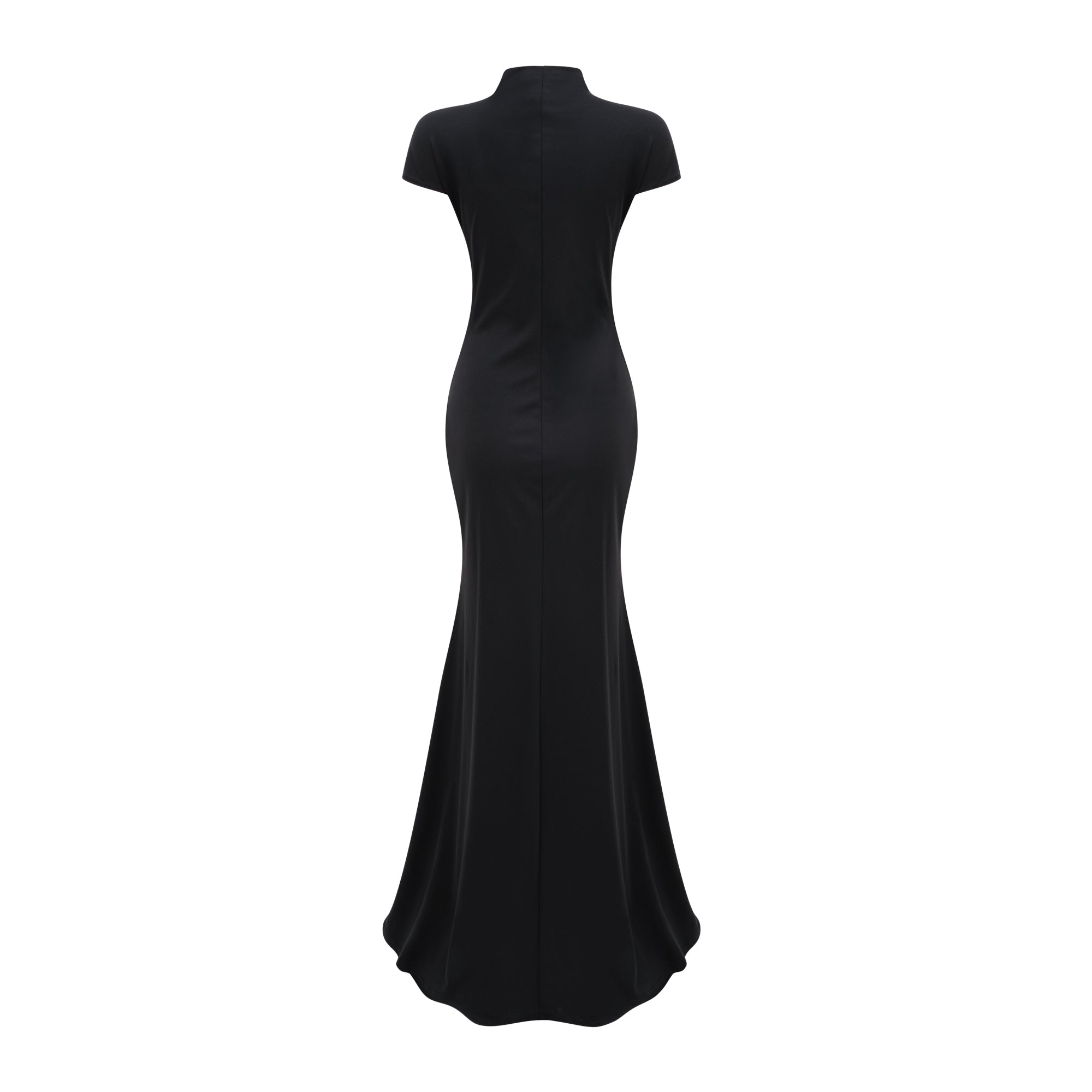 Vestido maxi negro Andrea Bridal con escote en forma de ojo de cerradura y abertura en la pierna alta, elegante y sofisticado.