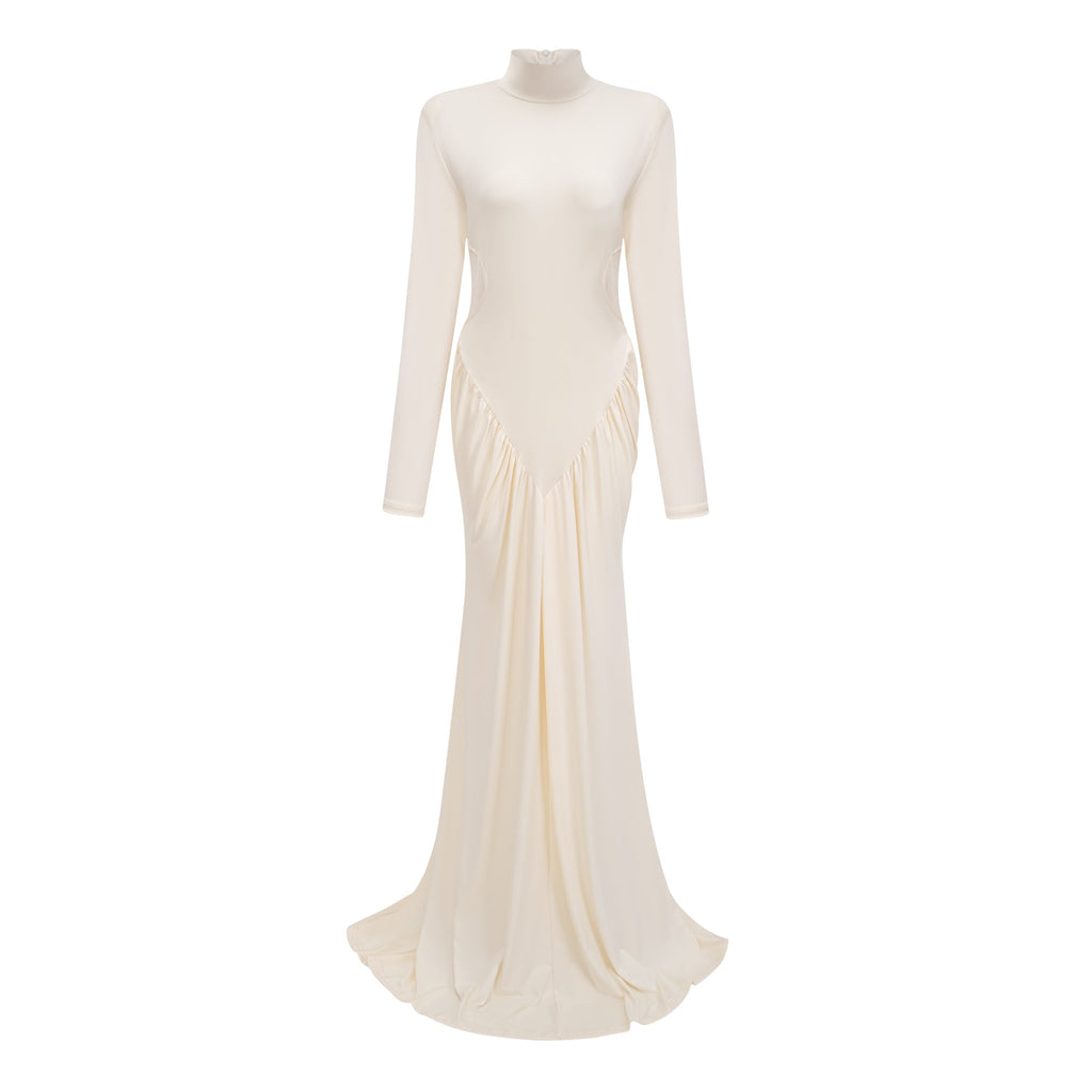 Vestido maxi blanco con recortes y ruched de la marca Bridal, con detalles elegantes y estilo sofisticado.
