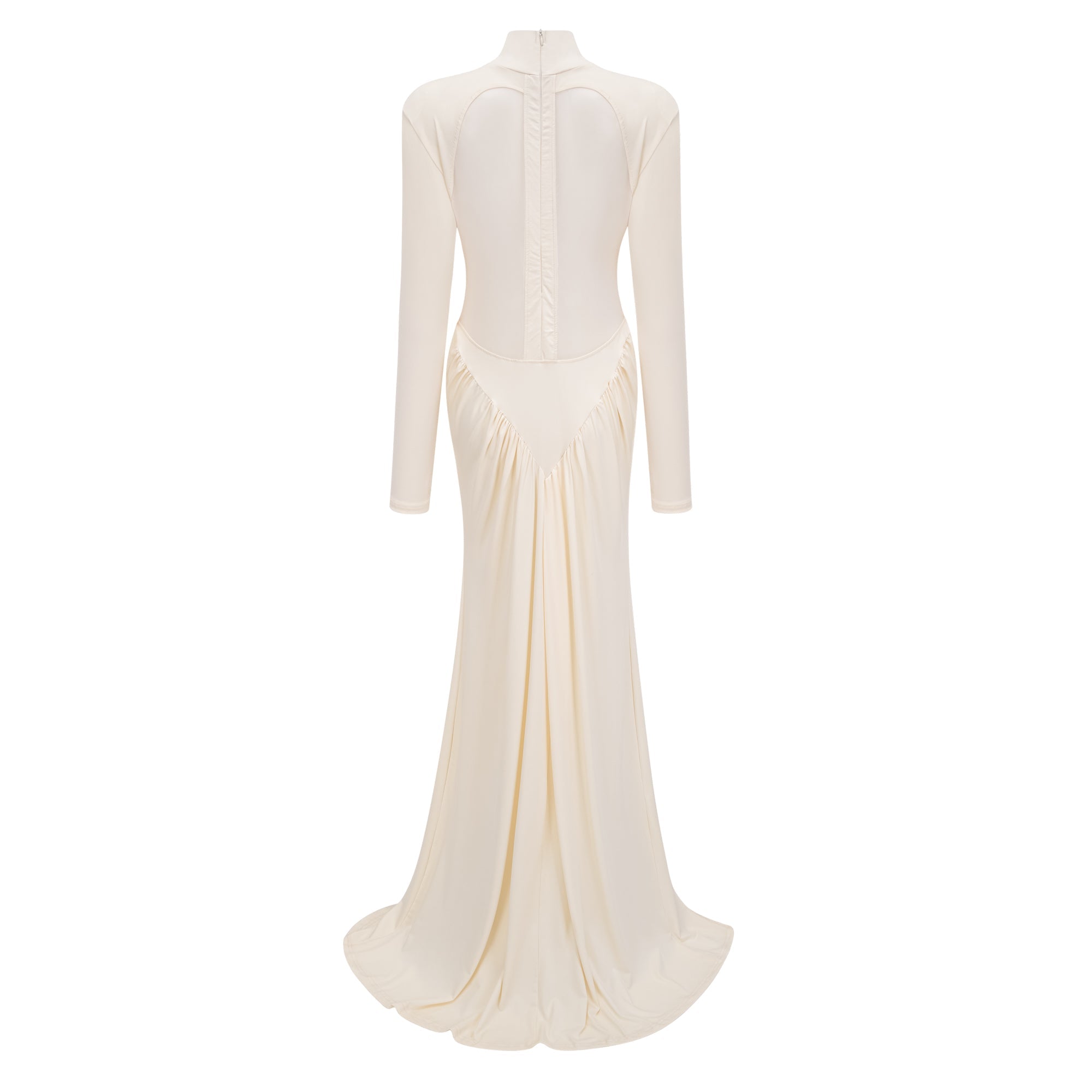 Vestido maxi blanco de novia Harriet con recortes y ruched, vestido largo elegante con detalles en la parte superior y falda fluida.
