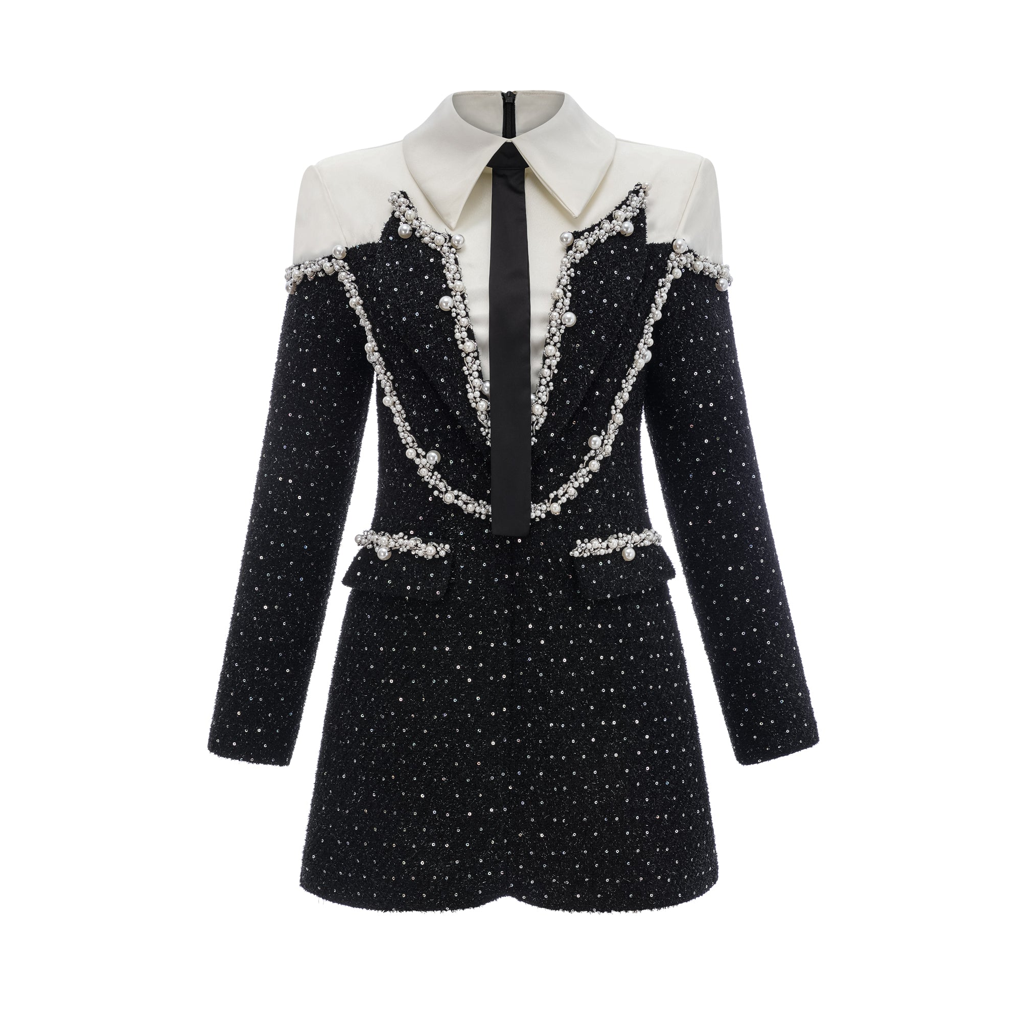 Vestido mini de tweed con perlas falsas Éléonore de Final Sale, muestra detalles de la tela y diseño elegante en color neutro.