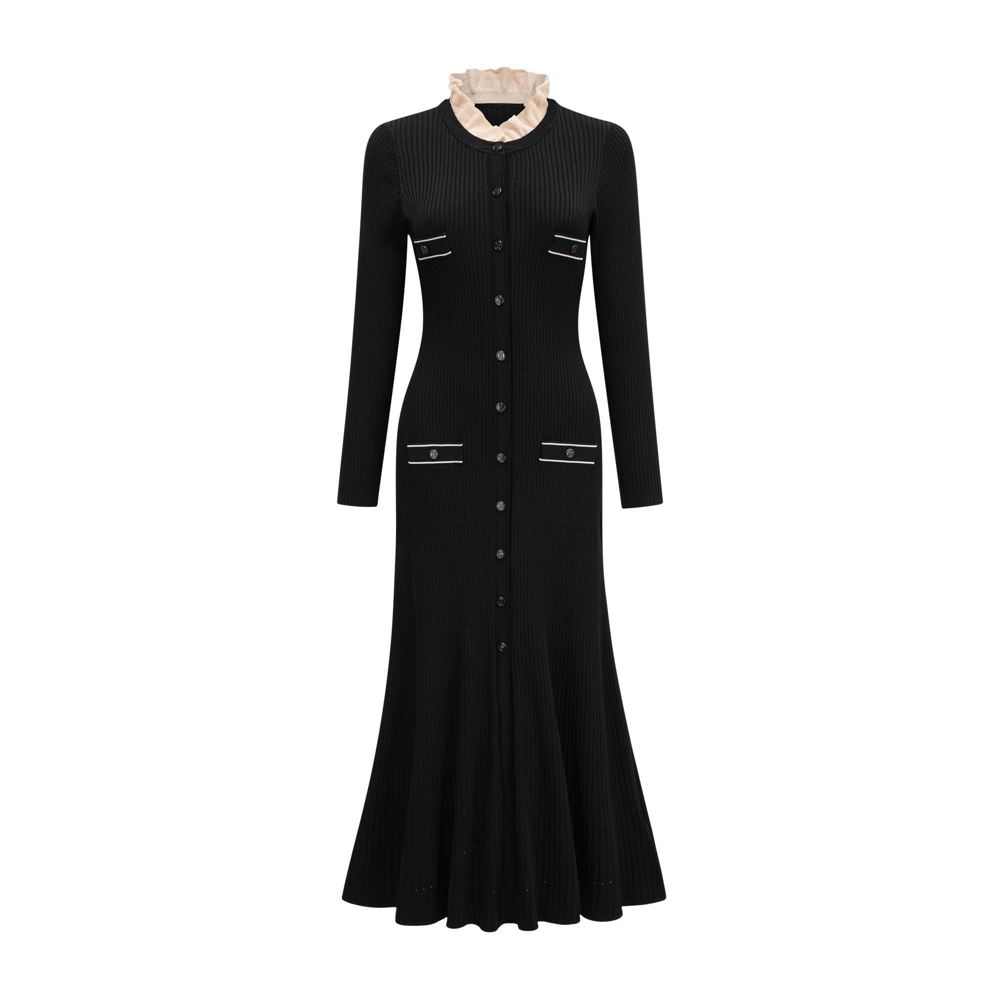 Vestido midi negro Nadège de punto con cuello con volantes, diseño ajustado y elegante, en una imagen del producto.